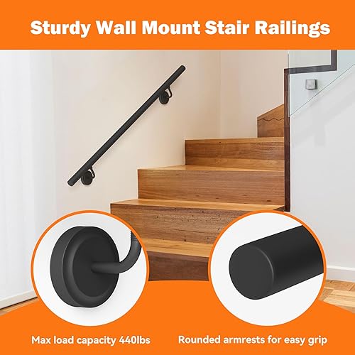 Miniatura 3 de Barandilla de escalera de metal industrial de 5 pies, barandilla de escalera de tubo redondo para escalones de interiorexterior, soporte de pared,