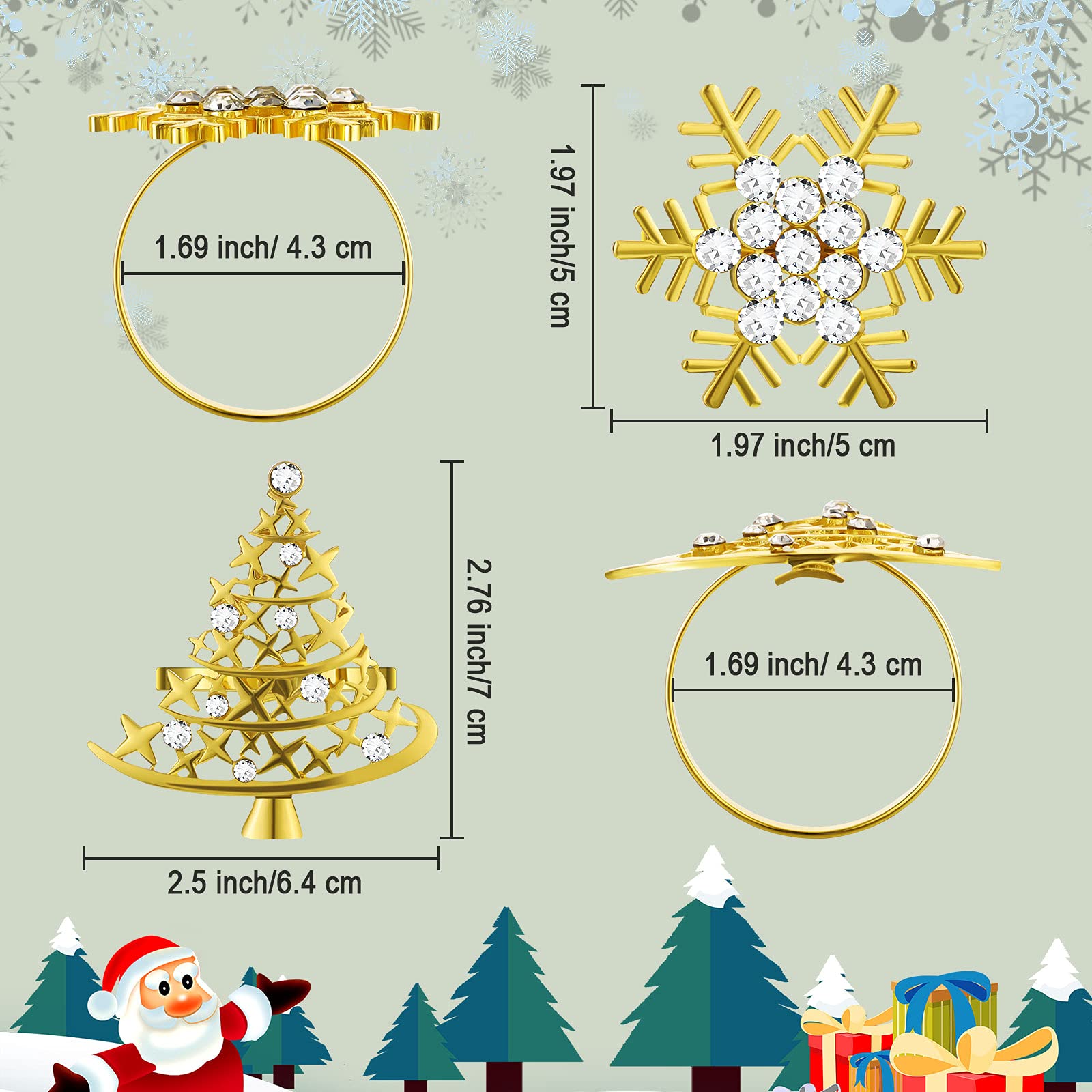 Lot de 24 ronds de serviette de Noël en vrac en forme de flocon de neige et sapin de Noël avec strass pour décoration de table de Noël et de mariage (doré)