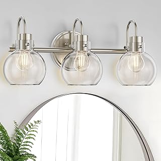 3 Lights Vanity Light, Brushed Nickel Bathroom Light Fixtures, Farmhouse Wall Sconces with Globe