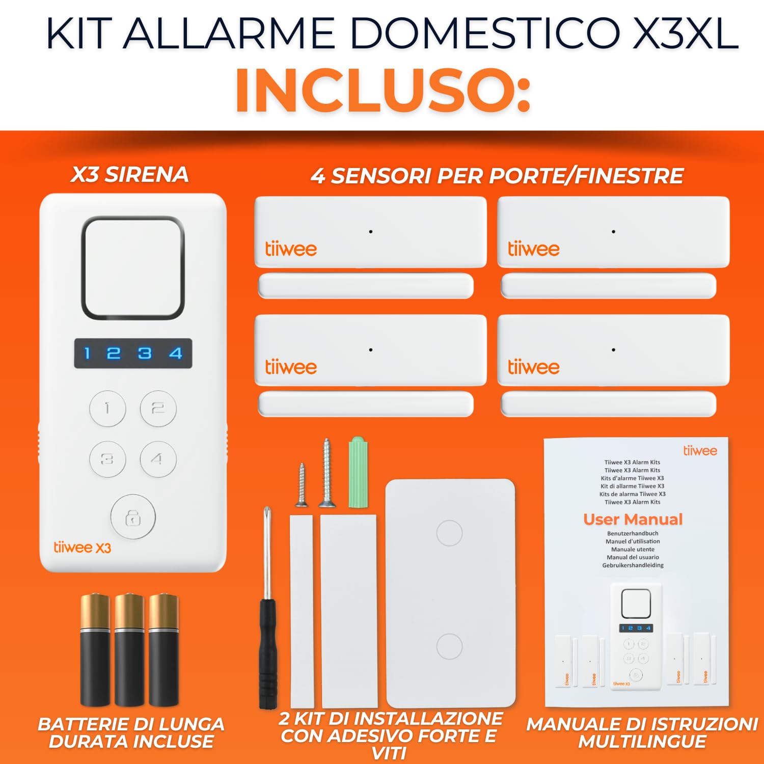 tiiwee X3-XL Allarme per la Casa - Sirena forte da 120 dB, 4 Sensori per Porte e Finestre - Nessun Telecomando Richiesto