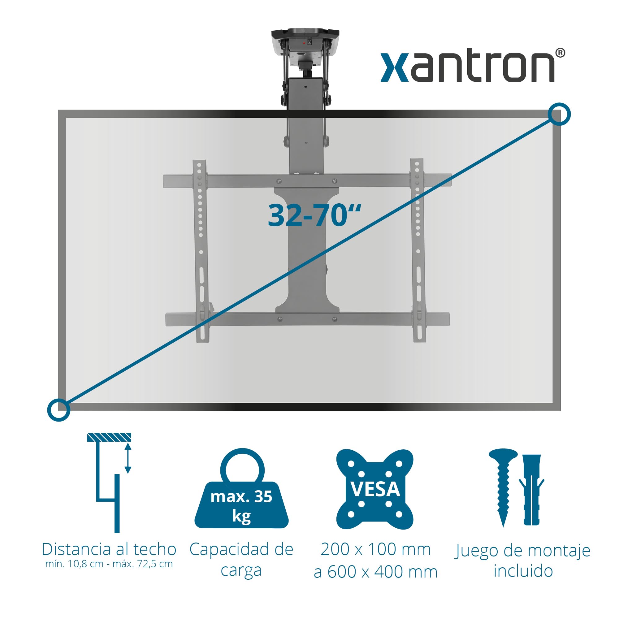 Xantron® DEHA-600E Soporte de Techo para TV Eléctrico Plegable Inclinable/Soporte TV motorizado de 32-70 Pulgadas/Soporte de Techo para Monitor con Material de Montaje y Mando a Distancia