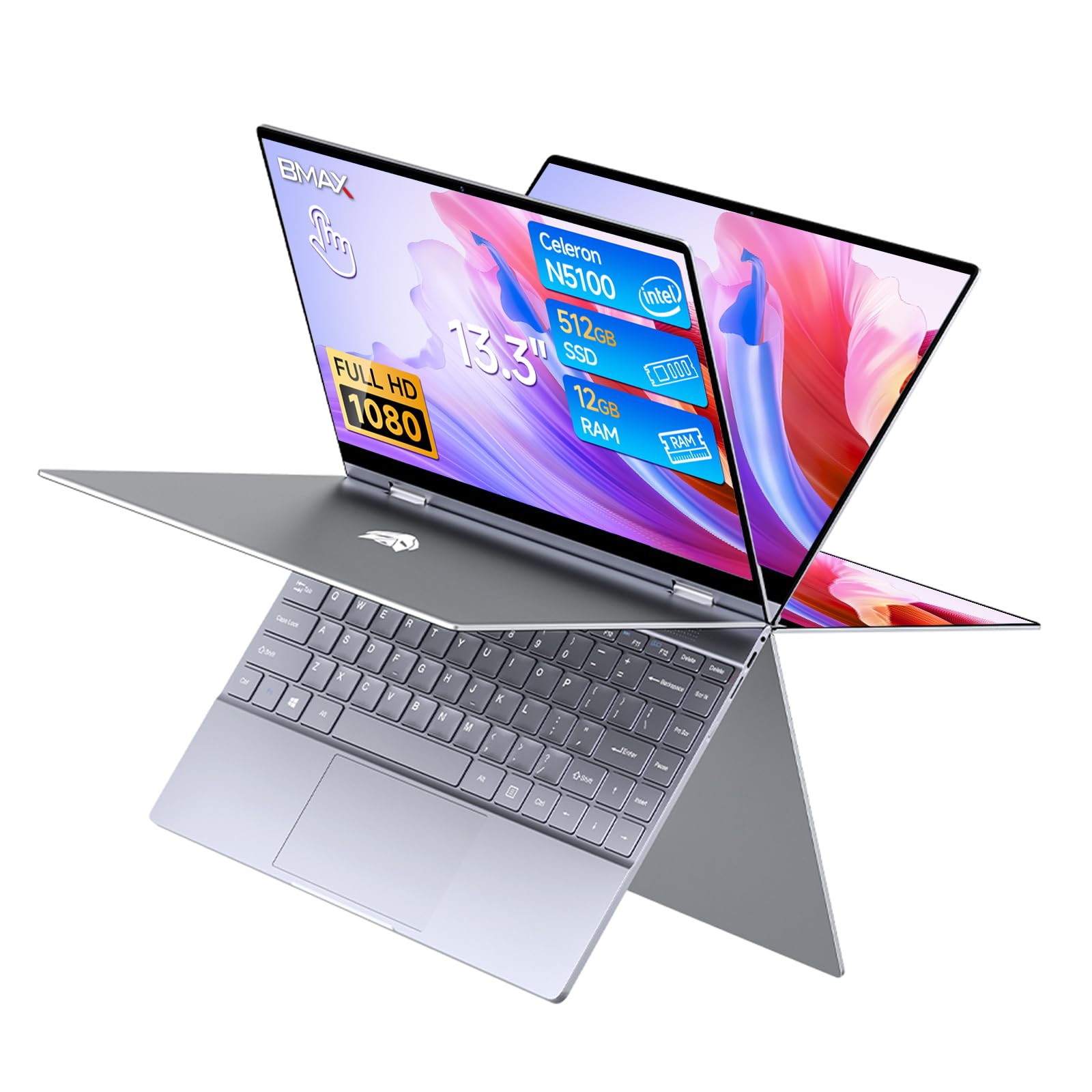 BMAX PC Portatile Touchscreen 2 in 1 Notebook 12GB RAM 512GB SSD Celeron N5100 Girevole a 360° da 13,3 Pollici, Tastiera Retroilluminata 1920x1080 5G WiFi BT4.2 Type Cx2 Film per Tastiera Italiana