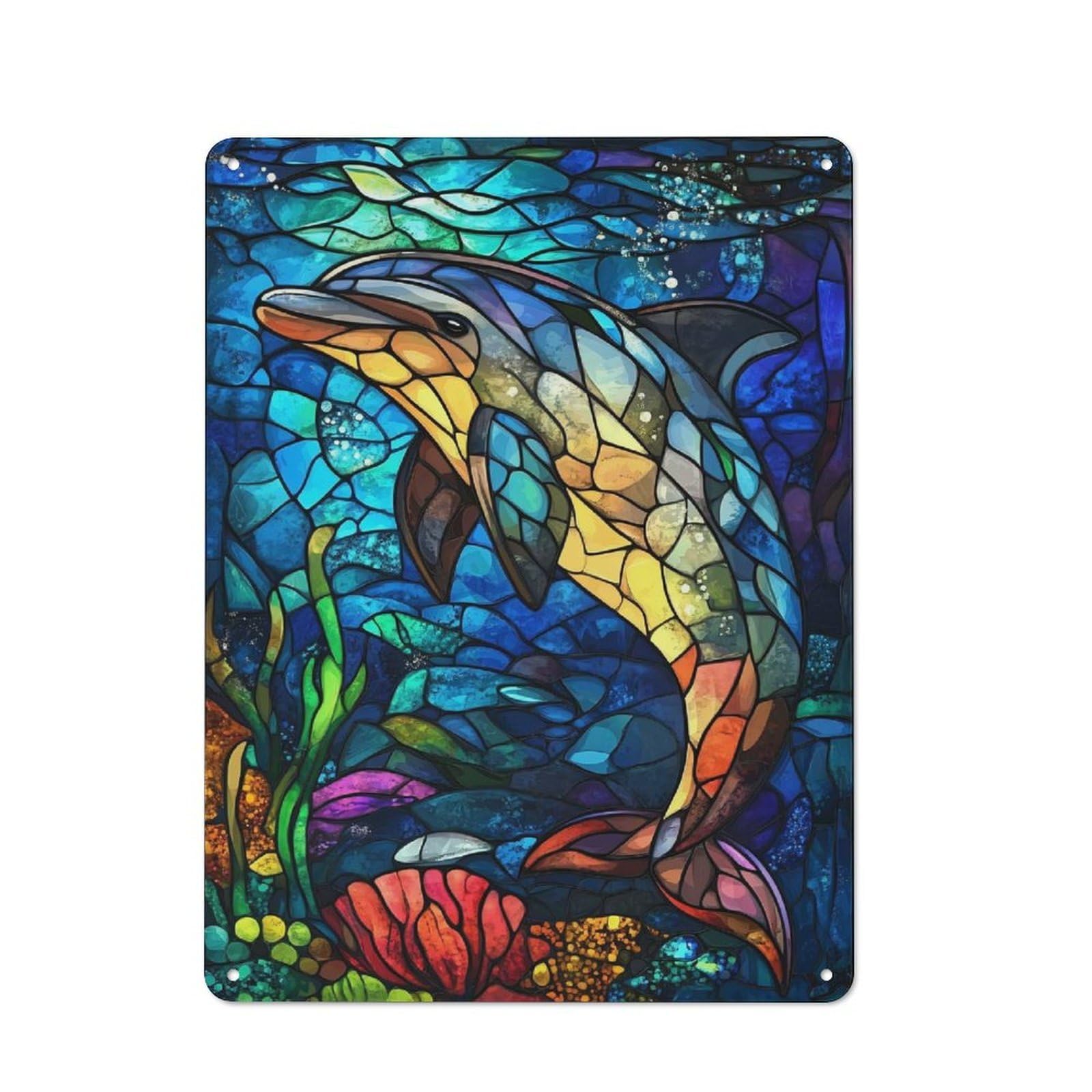 Junmoney Stained Glass Dolphin Vintage Tin Sign 40X30cm With For Hobby Room Or Studio, For Metal Sign Collectors, For Garage And Workshop Walls
