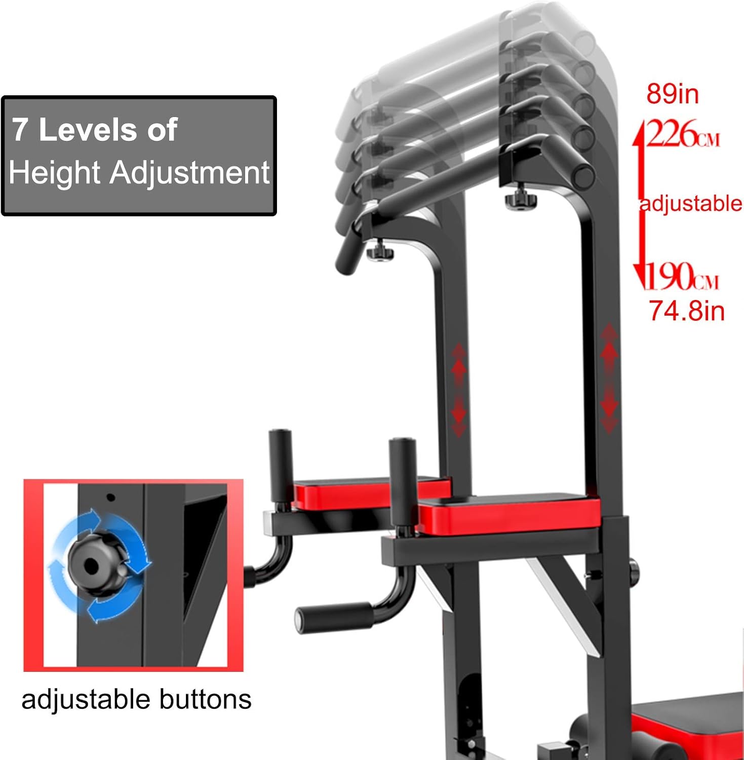 Multifunctional Power Tower Adjustable Height Pull Up Dip Station Home Strength Training Fitness Workout Station