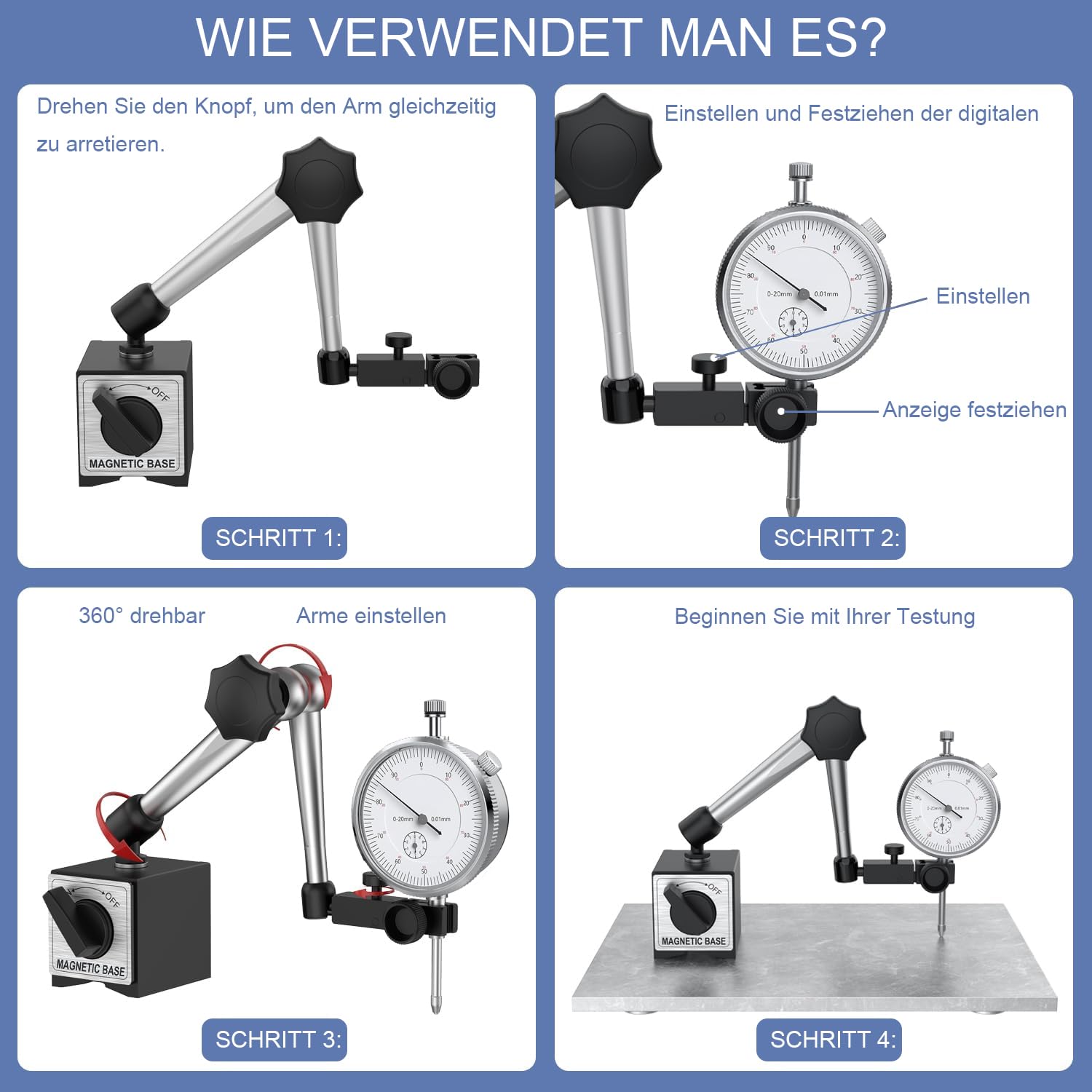 Messuhr mit Zentralklemmung, 0-20mm Messtaster, 0,01 mm Messgenauigkeit, 176lbs/80 kg mit Magnetfuß, für Messuhr mit konventionellem Zifferblatt