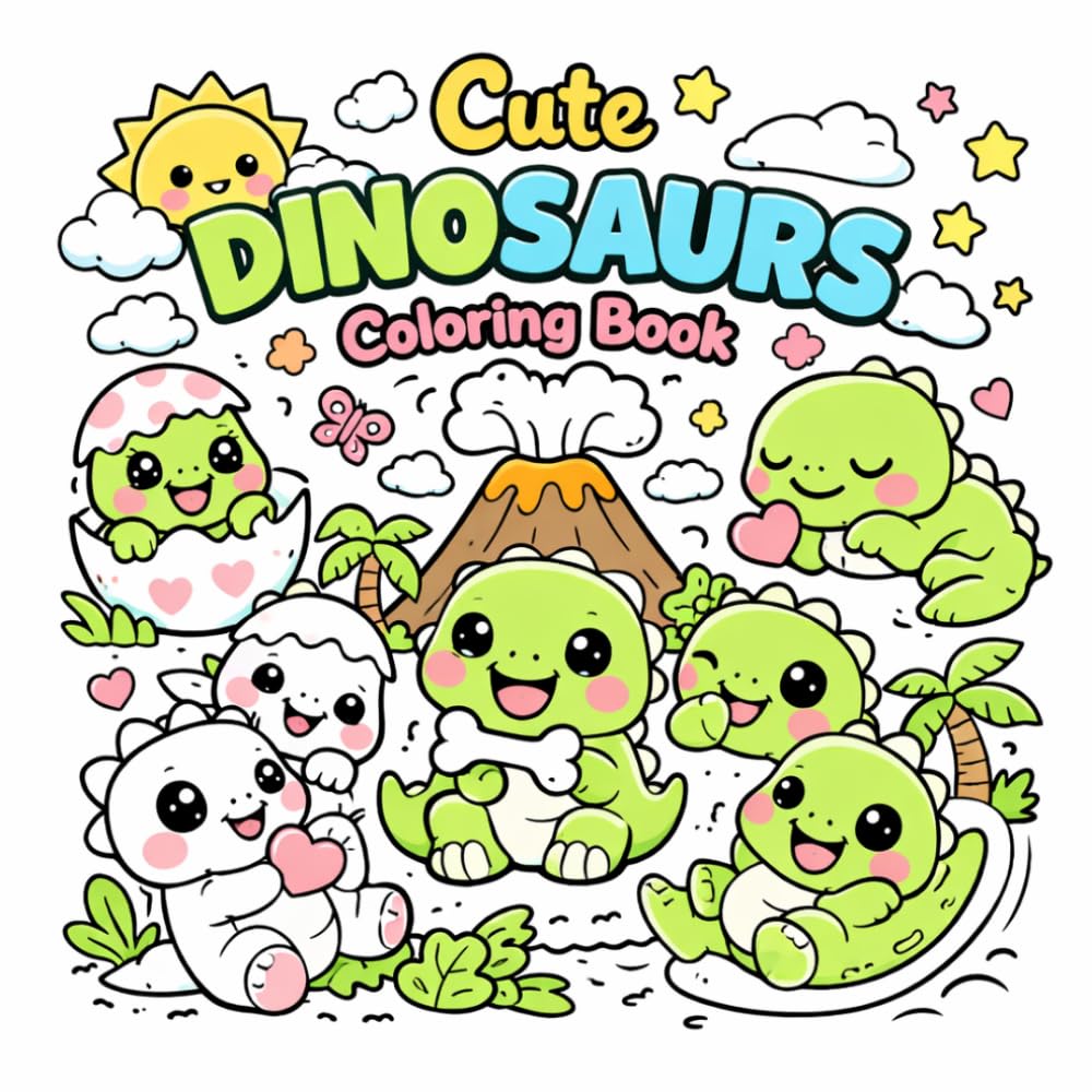 Cute Kawaii Dinosaur Coloring Book: 50 Cute and Easy Baby Dino Moment Designs for Relaxing Fun | For Adults, Teens, and Kids