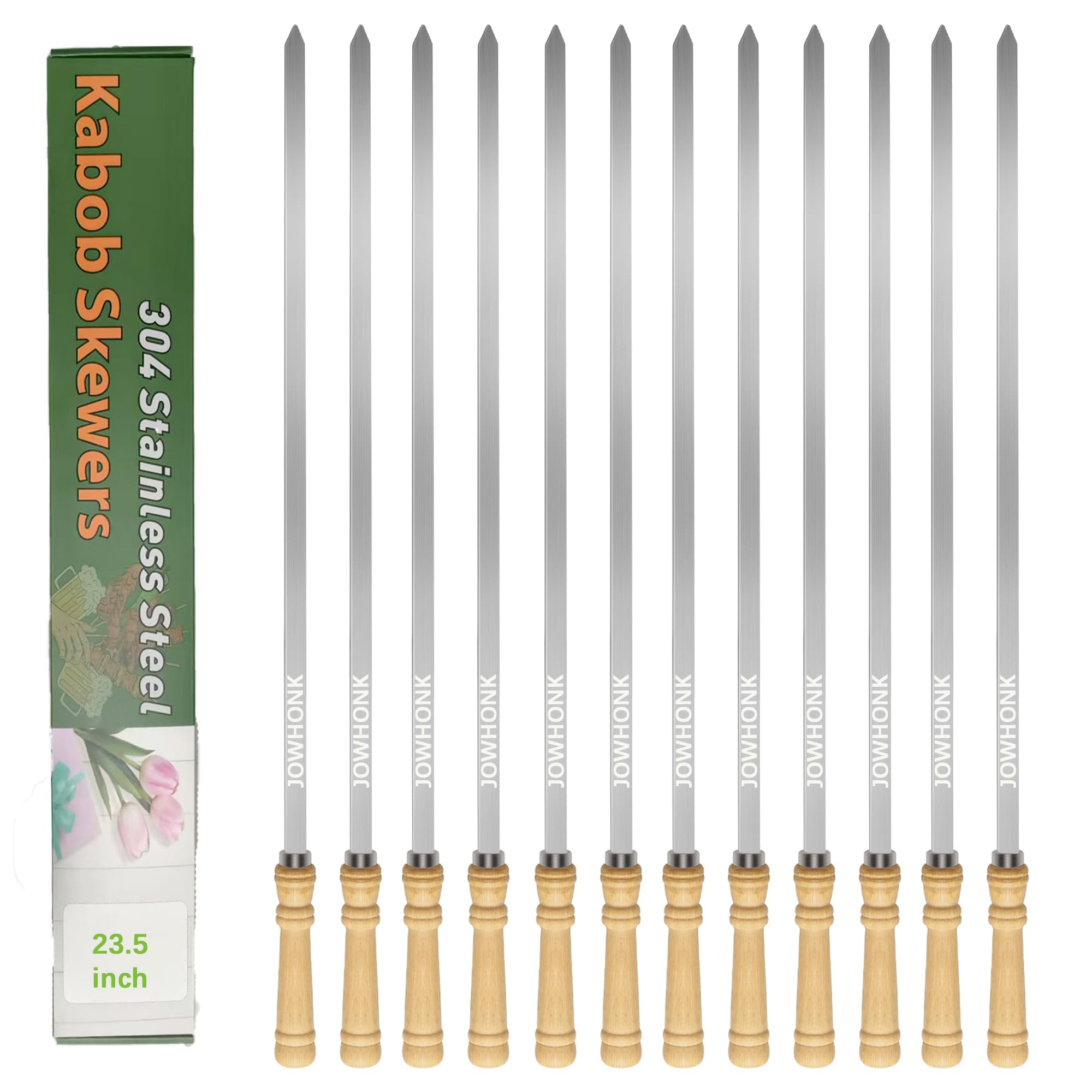 23.5" Large Skewers for Grilling,304 Stainless Steel 0.4 inch Wide Kabob Skewers with Wooden Handle,Heavy-Duty Flat Metal Kebab Skewer,BBQ Barbecue Skewer Reusable for Outdoor Grill-12PCS