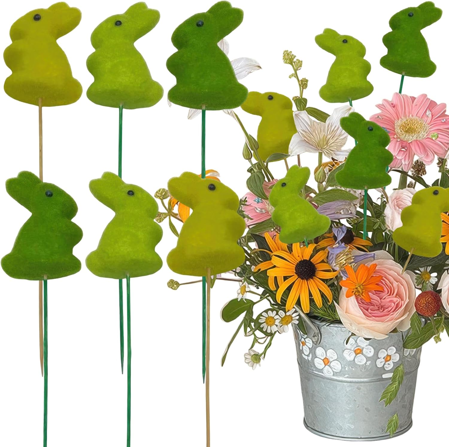 AUOCATTAIL 6 Pcs Easter Bunny Foam Picks Puffy Green Rabbit Egg Sticks Floral Decorative Picks for Spring Vase Basket Bouquets Floral Arrangement Centerpiece Wreath Party Decorations