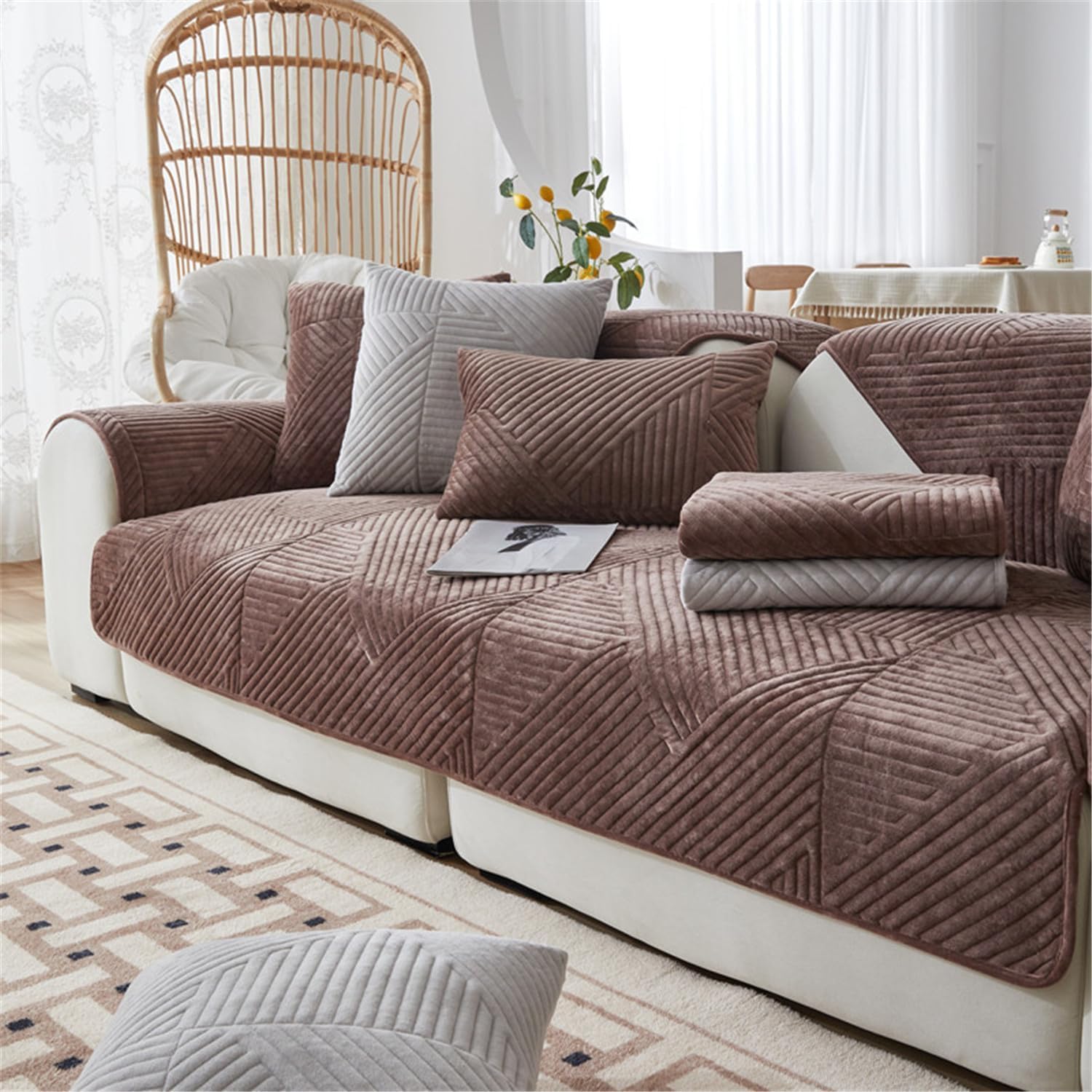LINGKY Soft Velvet Sofa Covers Washable - Sofa Cushion Covers, Non-Slip Sofa Cover 1 2 3 Seater Couch Covers for Sectional Sofa, Sofa Slipcovers L Shape Furniture Protector (Chocolate,110x240cm) — image 1