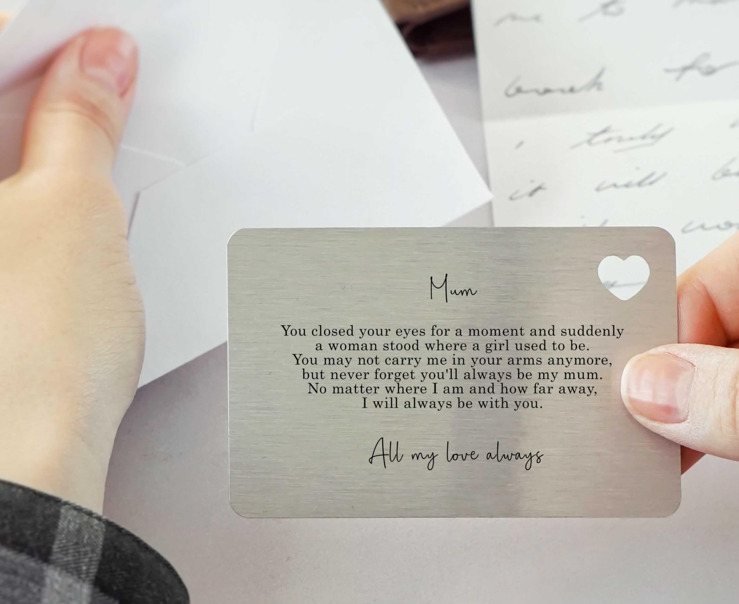 Sentimental Metal Wallet Card for Mum with Envelope, Silver (With Gift Envelope, From Daughter With Heart Cut Out)