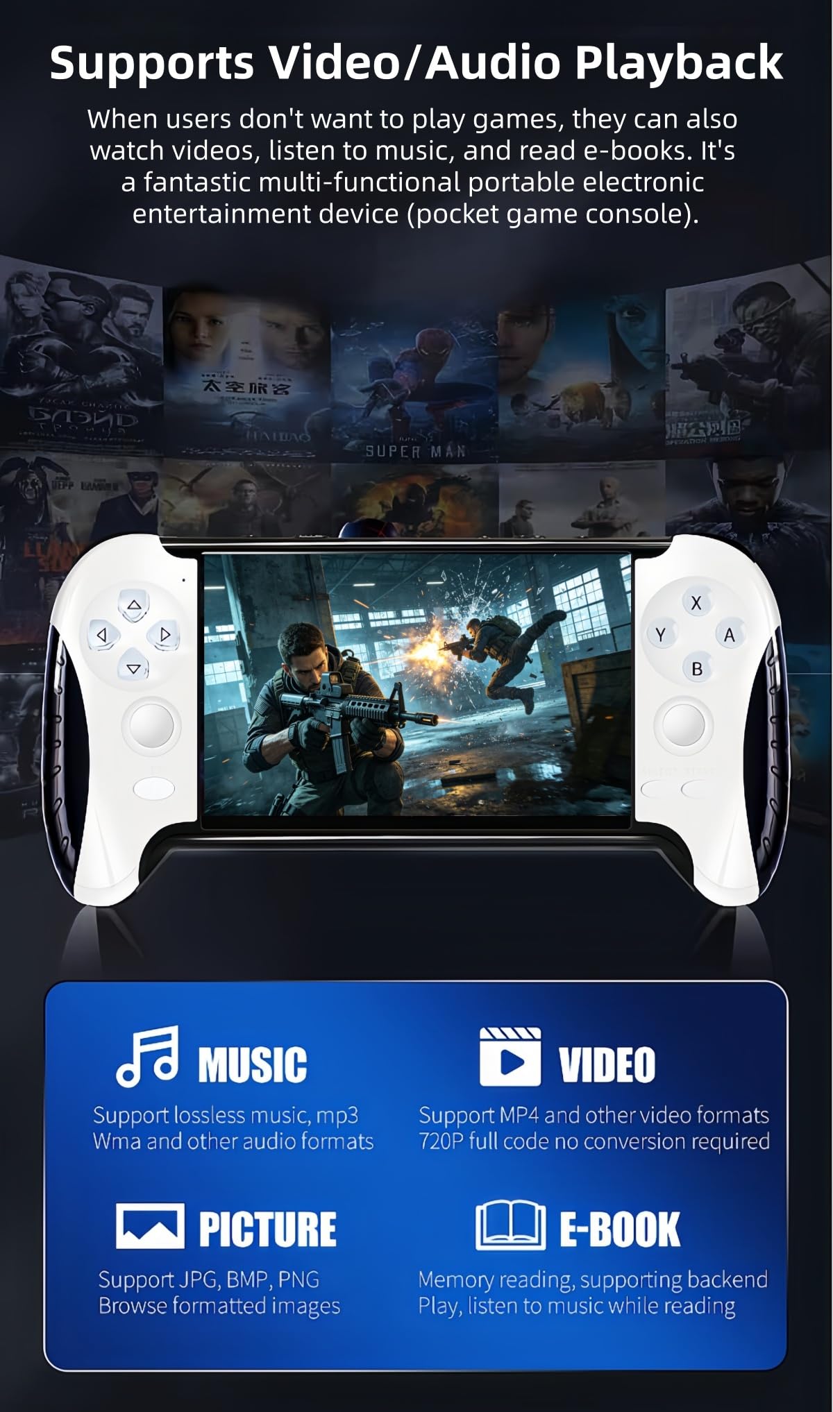 Consola de juegos portátil con gamepad de 4,3 pulgadas, 4800 juegos retro, múltiples emuladores, función de guardado de juegos, portátil, para niños/amigos, entretenimiento en el hogar/exterior