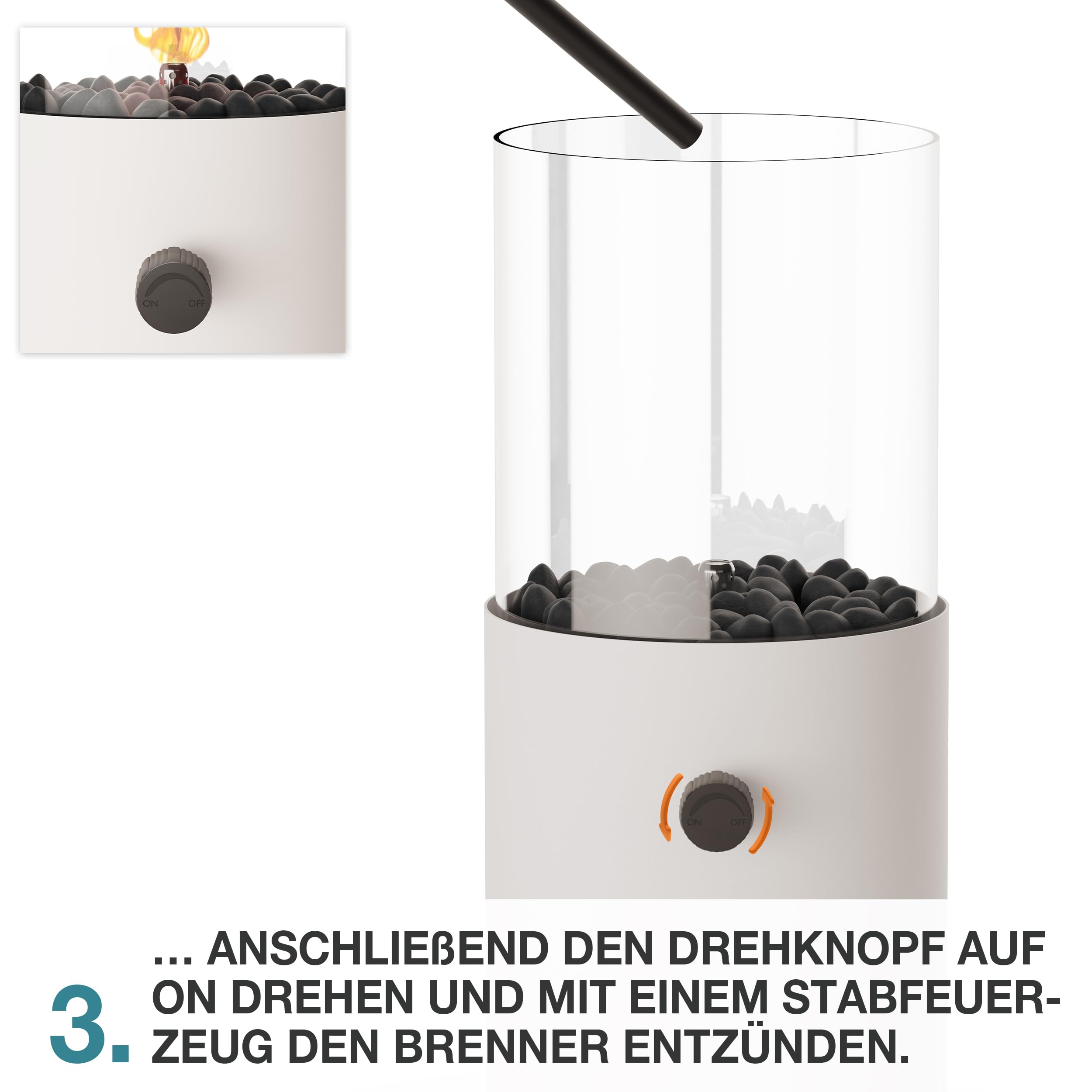 TOM Innovation XXL Gas Tischkamin - 12 Stunden Brenndauer für Indoor & Outdoor – Tisch Kamin Set– Tischfeuer mit Deko-Steinen – Plus 3X 190 g Stechgaskartusche
