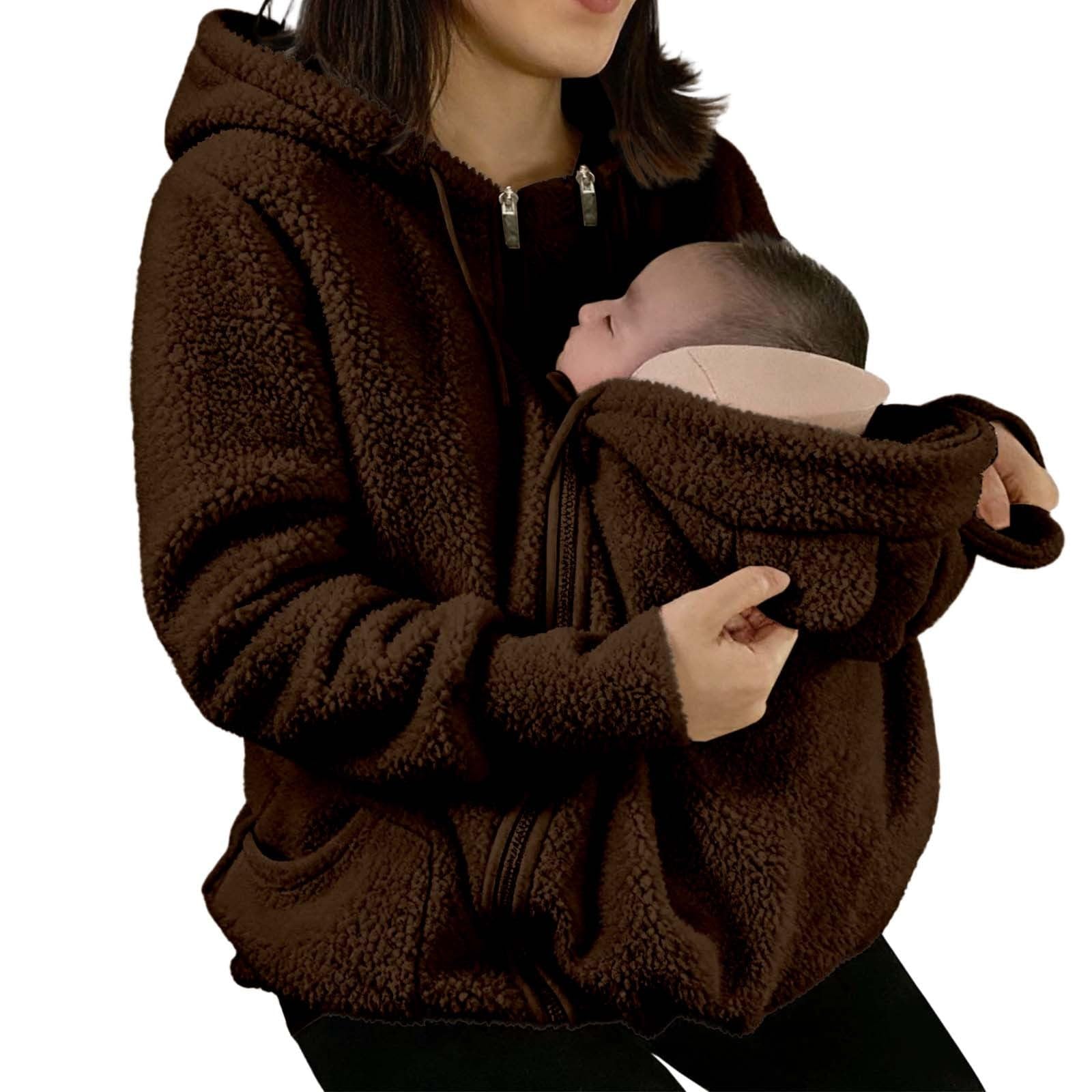 Umstandsjacke mit Babyeinsatz Warm Teddy Fleecejacke Umstands Baumwolljacke Winter Umstandsmode 2 in 1 Tragejacke mit Taschen Teddyfleece Winterjacke Flauschig Weich Plüschjacke weich dick Teddyjacke