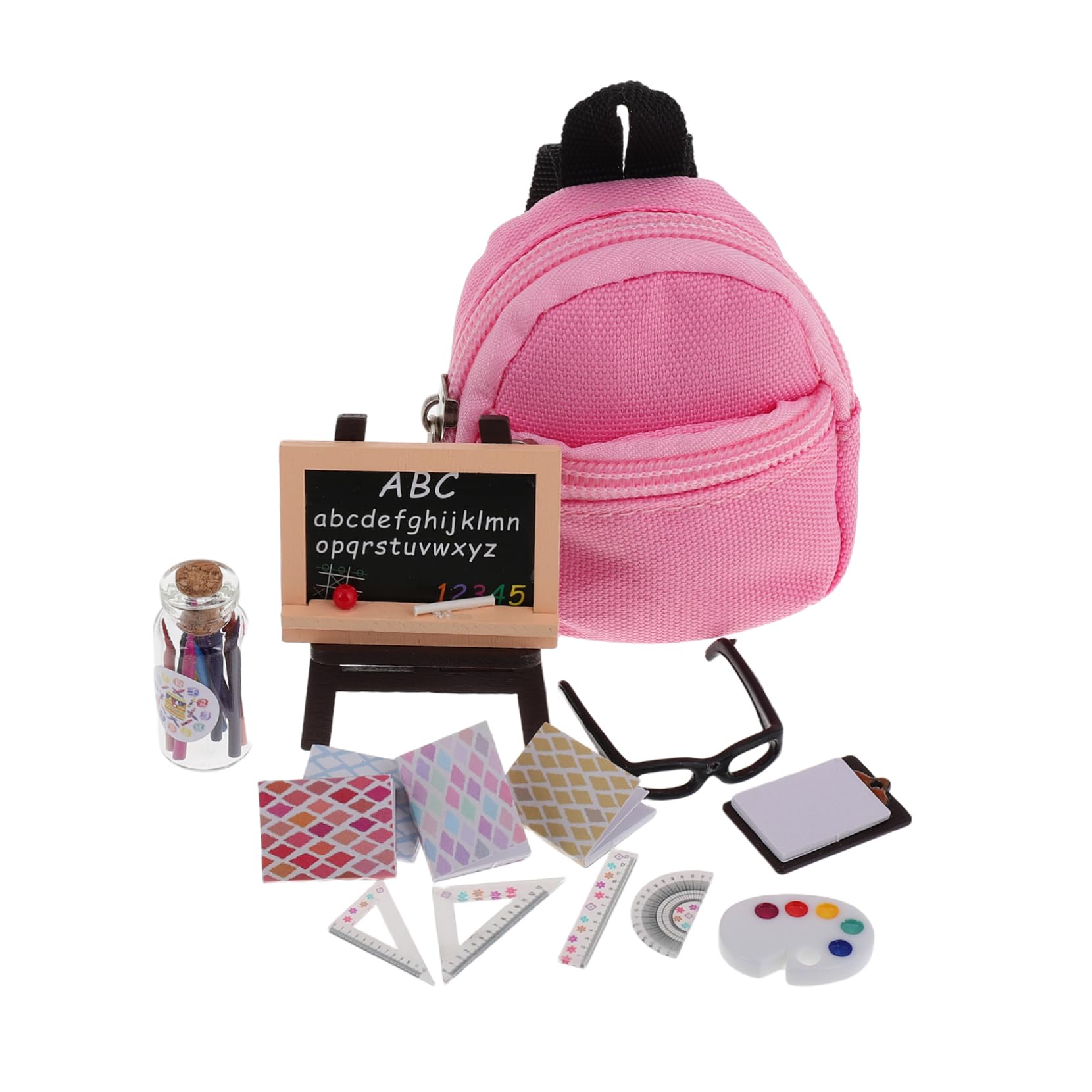 16piezas Accesorios De Escuela Miniatura para Muñecas Kit De Suministros Escolares Mochila Gafas y Material De Escritura para Casa De Muñecas y Juguetes