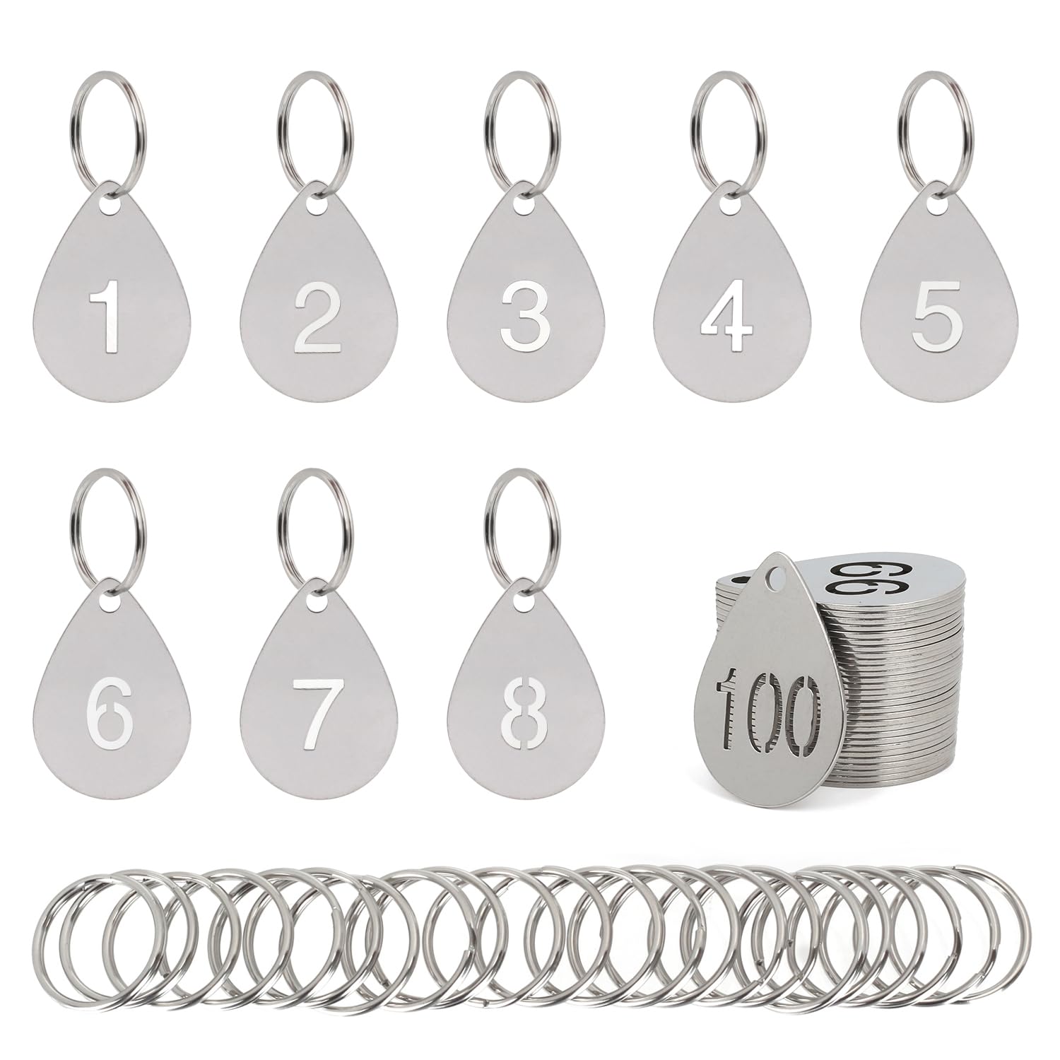 Etiquetas de números 1-100 en acero inoxidable con anillos para llaves 8