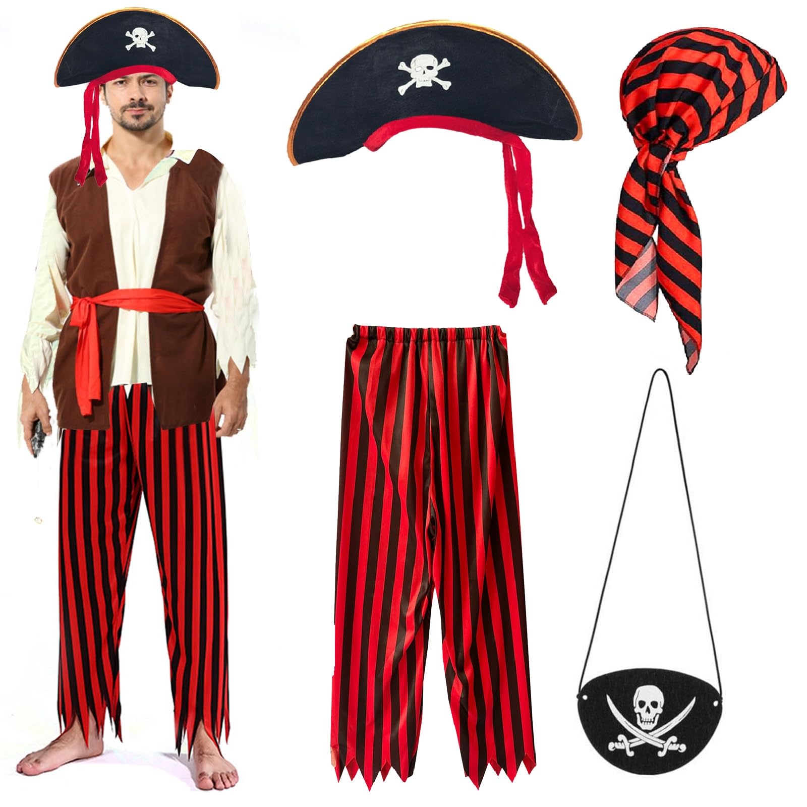 Maazusa Pirate Costume for Men, Adult 4-Piece Set including Pant, Hat, Skull Eye Patch, Perfect for Halloween World Book Day