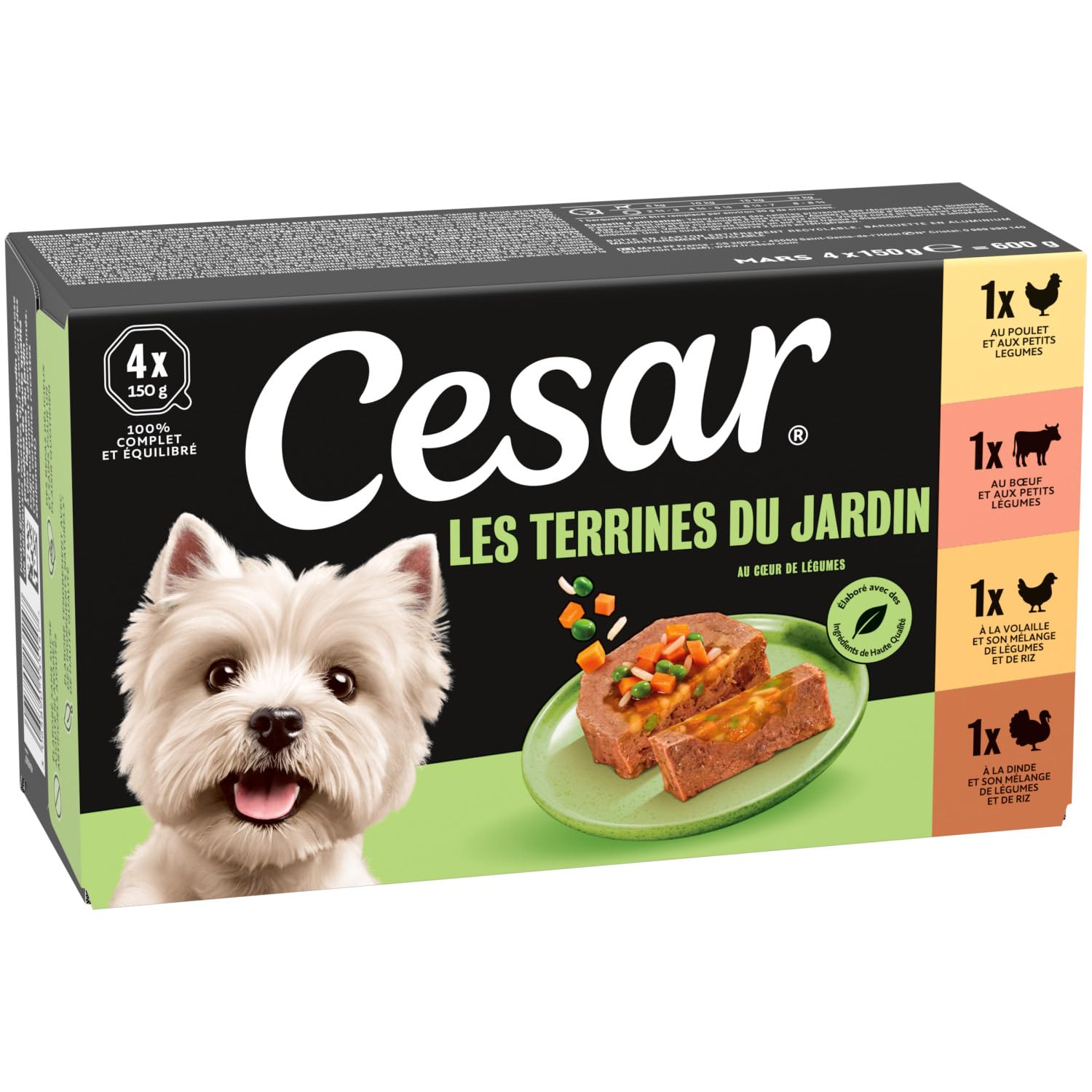 Cesar Repas pour Chien - 24 Barquettes (Lot de 6 Packs de 4x150g) - Pâtée pour Chien en Terrine au Coeur de Légumes - au Boeuf/Poulet/Volaille/Dinde, avec des Ingrédients Naturels