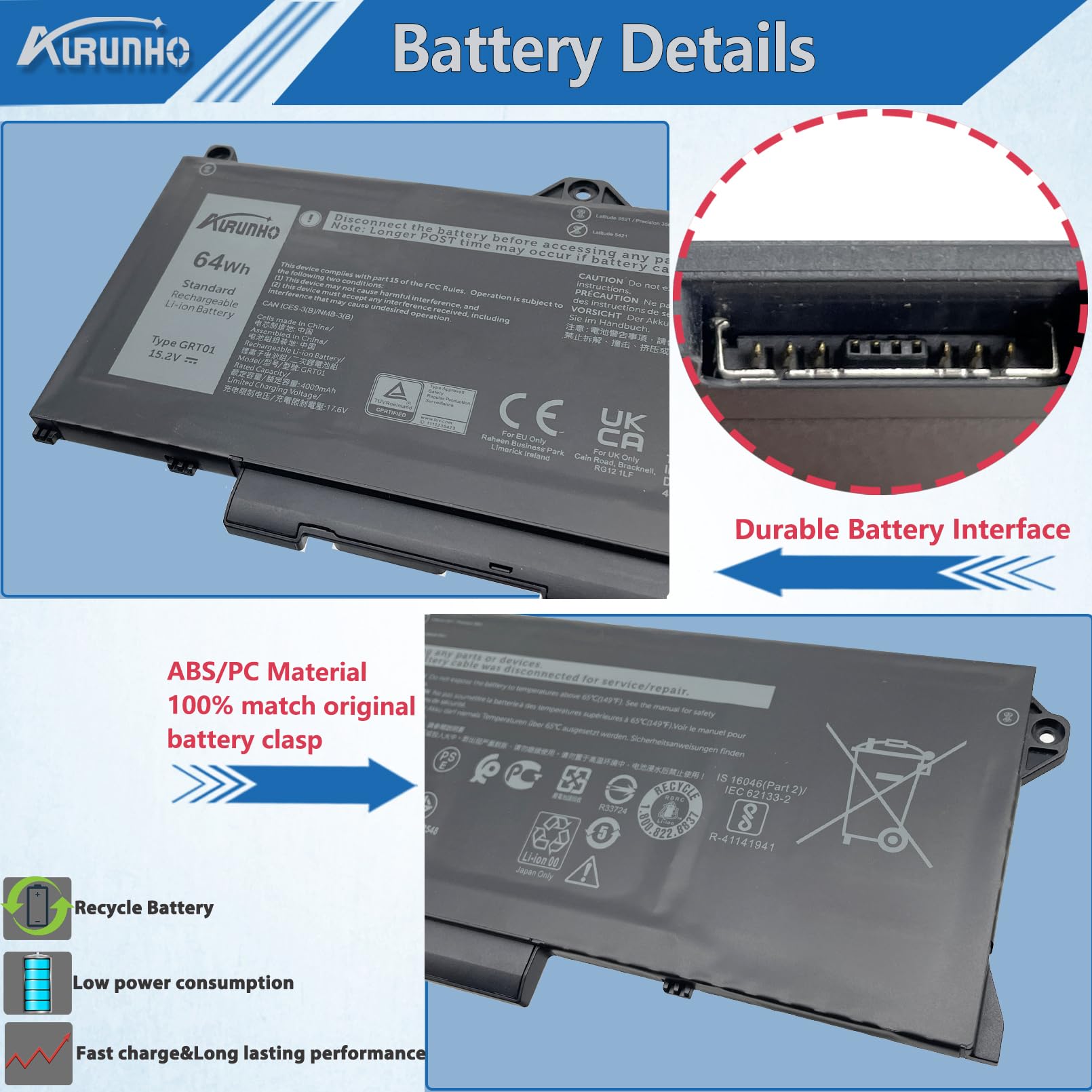 Amazon.com: AURUNHO GRT01 64Wh Laptop Battery Replacement for Dell