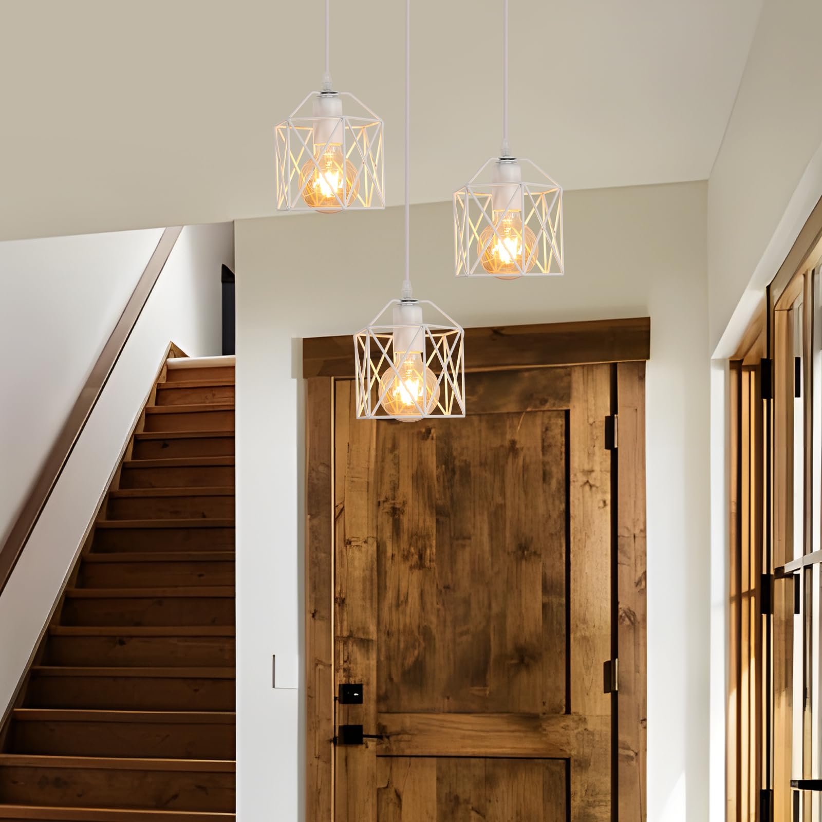 3 Luci Lampada a Sospensione Vintage, E27 Lampadario Industriale | Bianco Metallo, Lampadario da Soffitto Moderno a Forma di Gabbia per Camera da Letto, Cucina, Sala da Pranzo Soggiorno