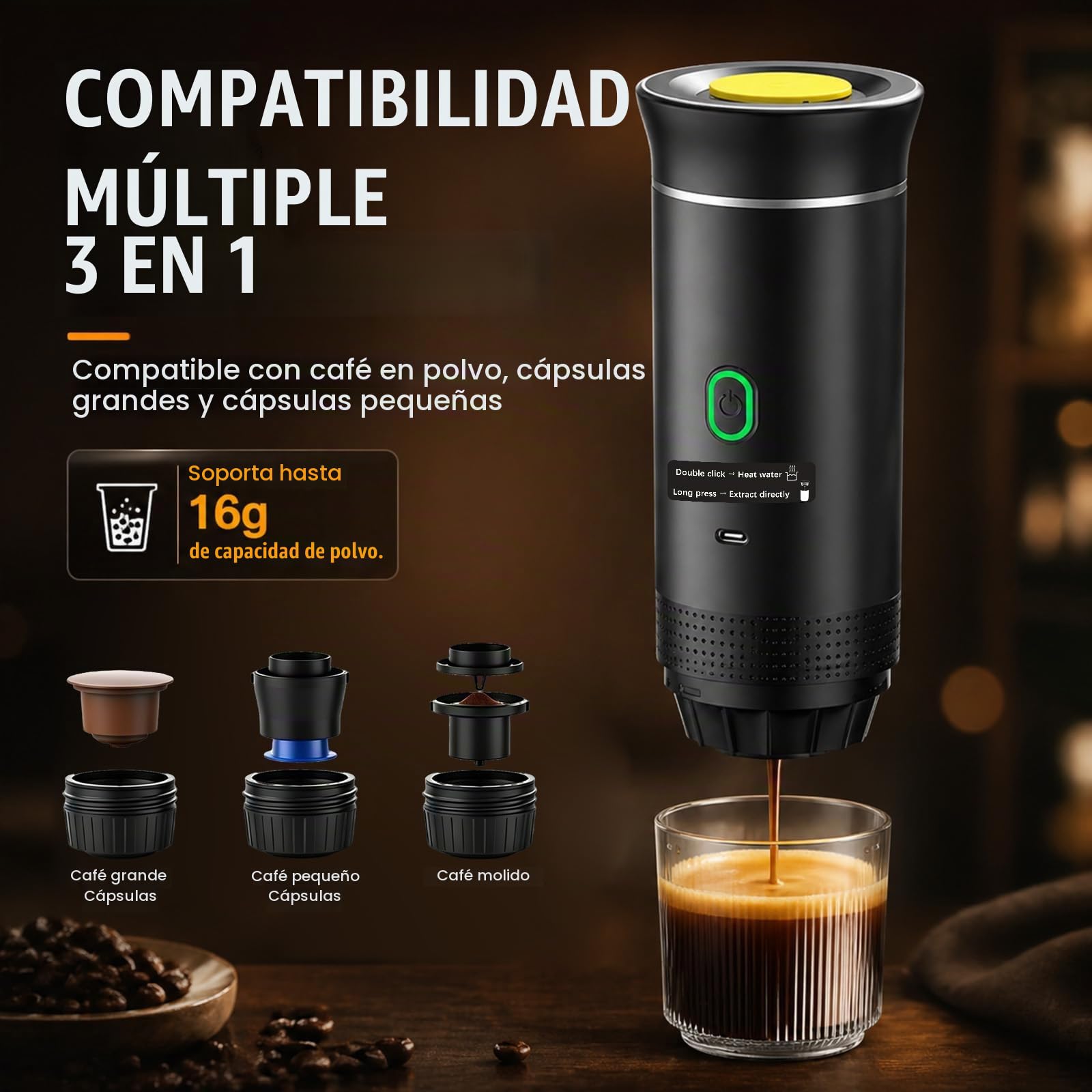 Cafetera Portátil 3 en 1 Eléctrica, Máquina de Café de Viaje 20 Bar con Autocalentamiento, Compatible con Cápsulas y Café Molido, Batería 7500mAh para Camping y Coche