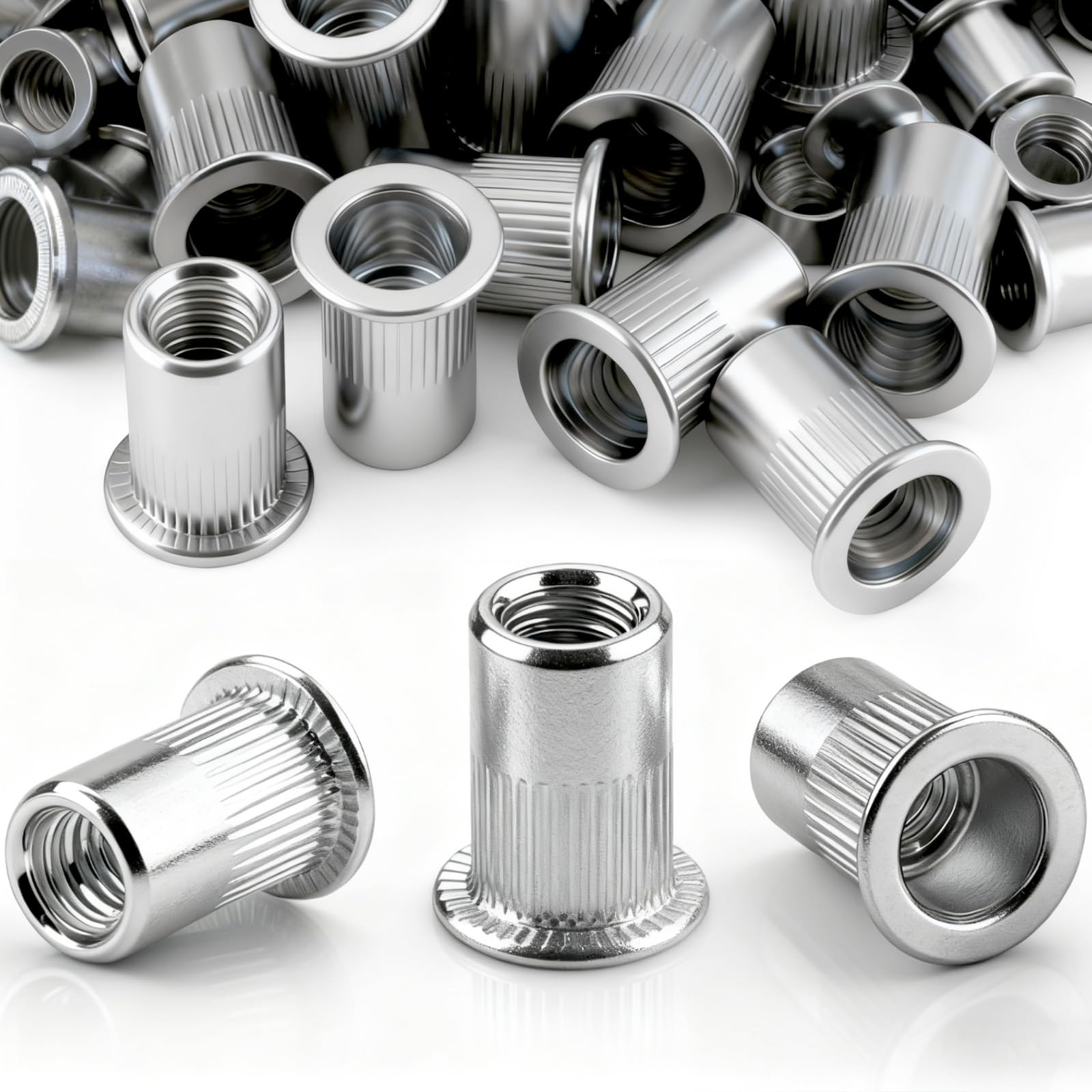 qjuwhua 60 Pieces M8 Rivet Nuts M8 x 18mm Threaded Insert Nutserts Flat Head Threaded Rivnut Carbon Steel Silver for Industrial Furniture Products