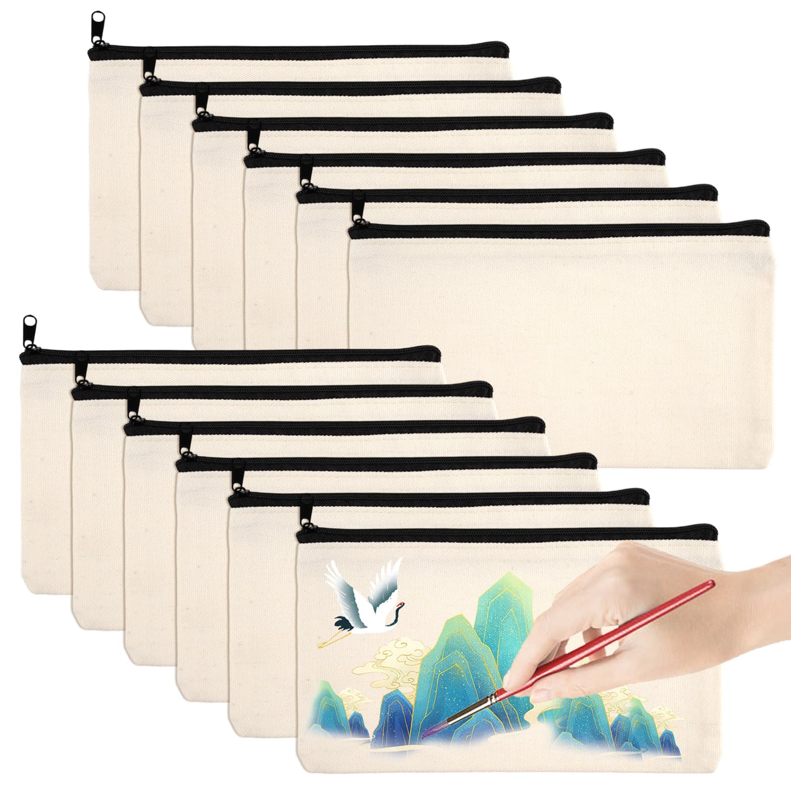 12 Pcs Blank Fabric Bag with Zipper, DIY Blank Pencil Case, Canvas Cosmetic Bag, Bag for Painting, 21x12cm, Multipurpose Canvas Pouch Plain Zipper Pouch for Travel Craft School, Multi Color