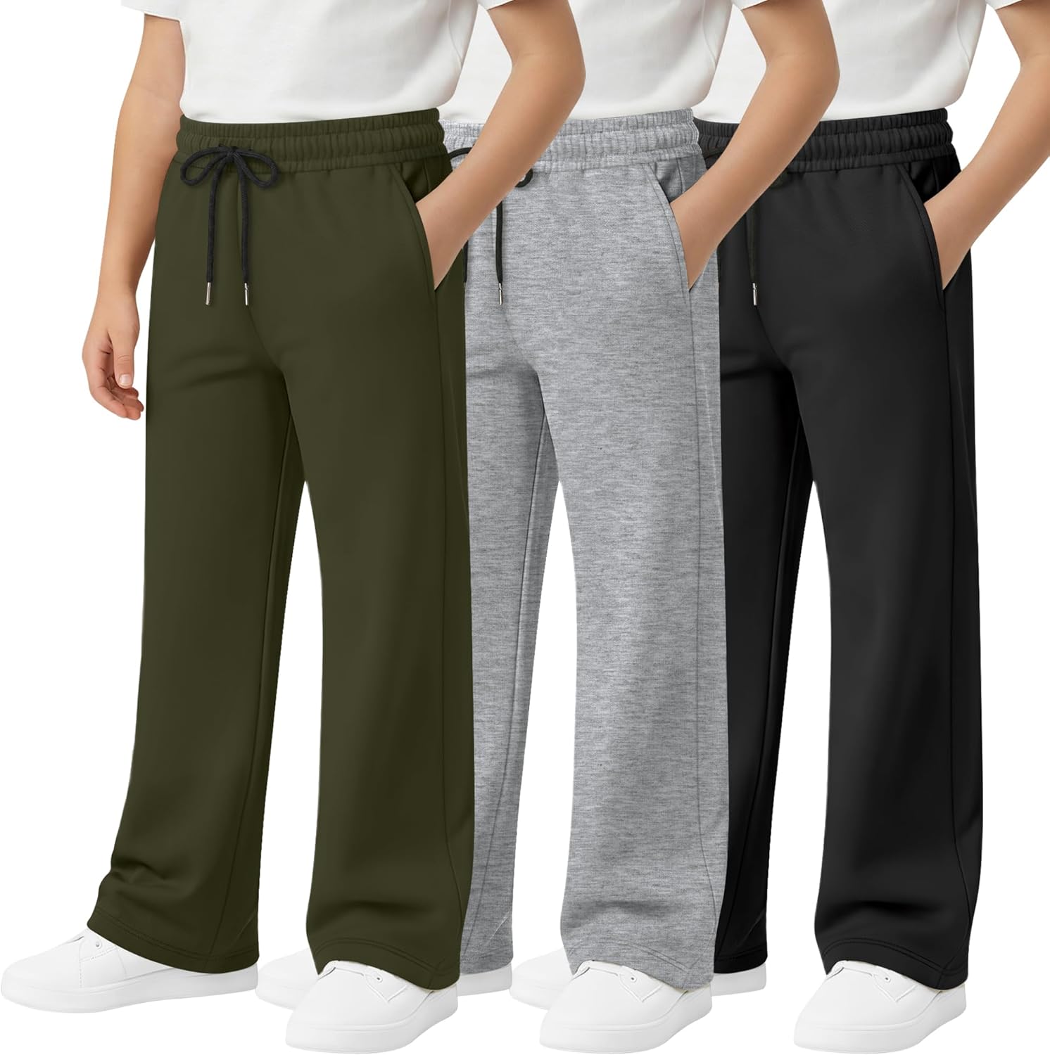 3 Pcs Boys Sweatpants Wide Leg Open Bottom Drawstring Elastic High Waist Joggers Baggy Athletic Pants with Pockets