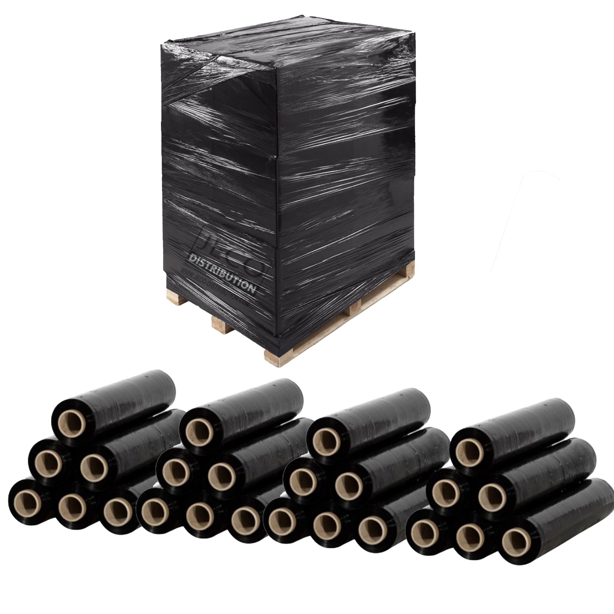 JECO - Lot de 24 rouleaux de film étirable manuel noir opaque 450mm x 300m 17µ bobine film extensible pré-étiré emballage palette colis déménagement