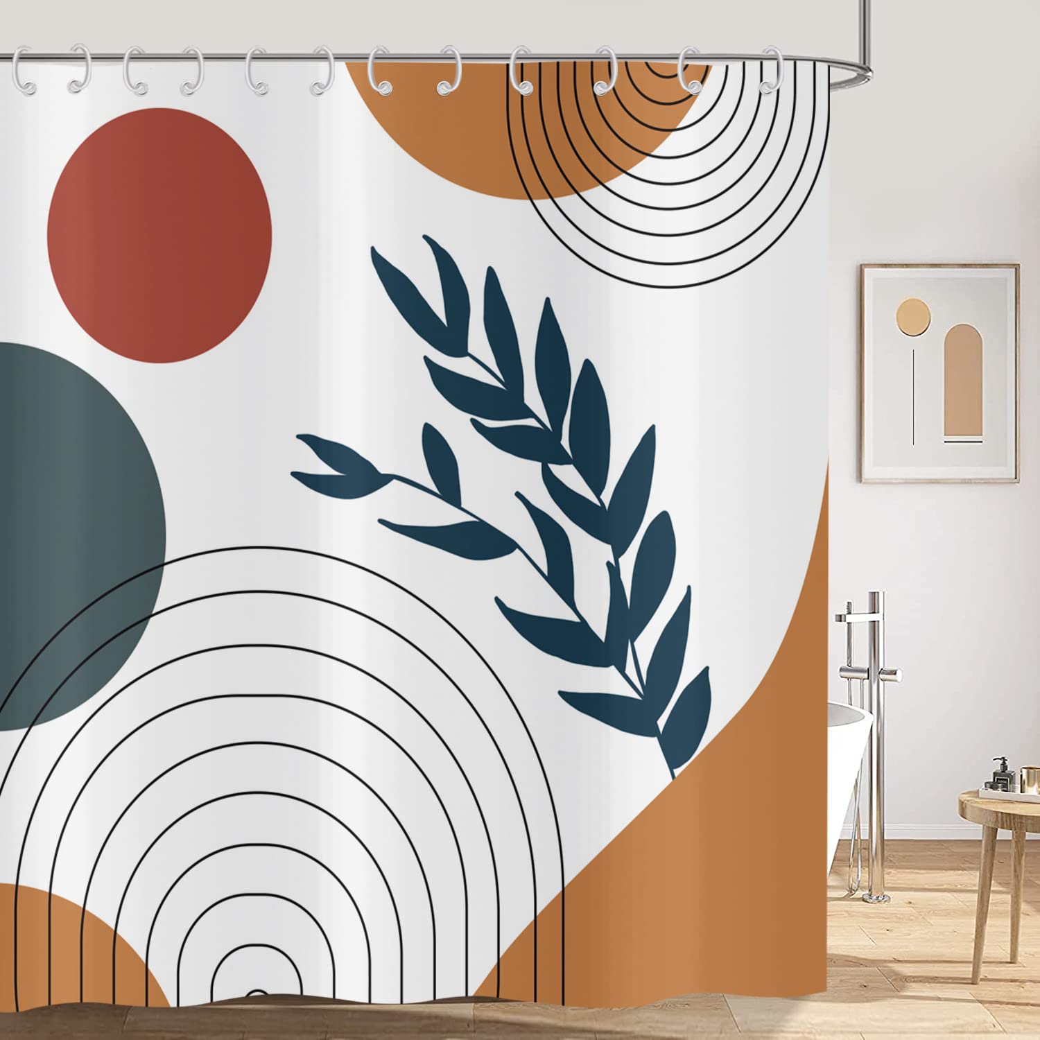 Hnmdmyi Boho Shower Curtain 120x180, Mid Century Abstract Arch Sun Leaf White Bathroom Curtains Modern Minimalist Geometric Aesthetic Art Waterproof Polyester Fabric Washable Bath Curtains with Hooks — image 1