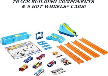 Hot Wheels HW Celebration Box Complete Starter Set With 6 Hot Wheels 1:64 Scale Cars, Track, Connectors, 4-Speed Launcher, Ramps, Activity Page & Stickers, Gift for Kids 4 Years Old & Up, GWN96