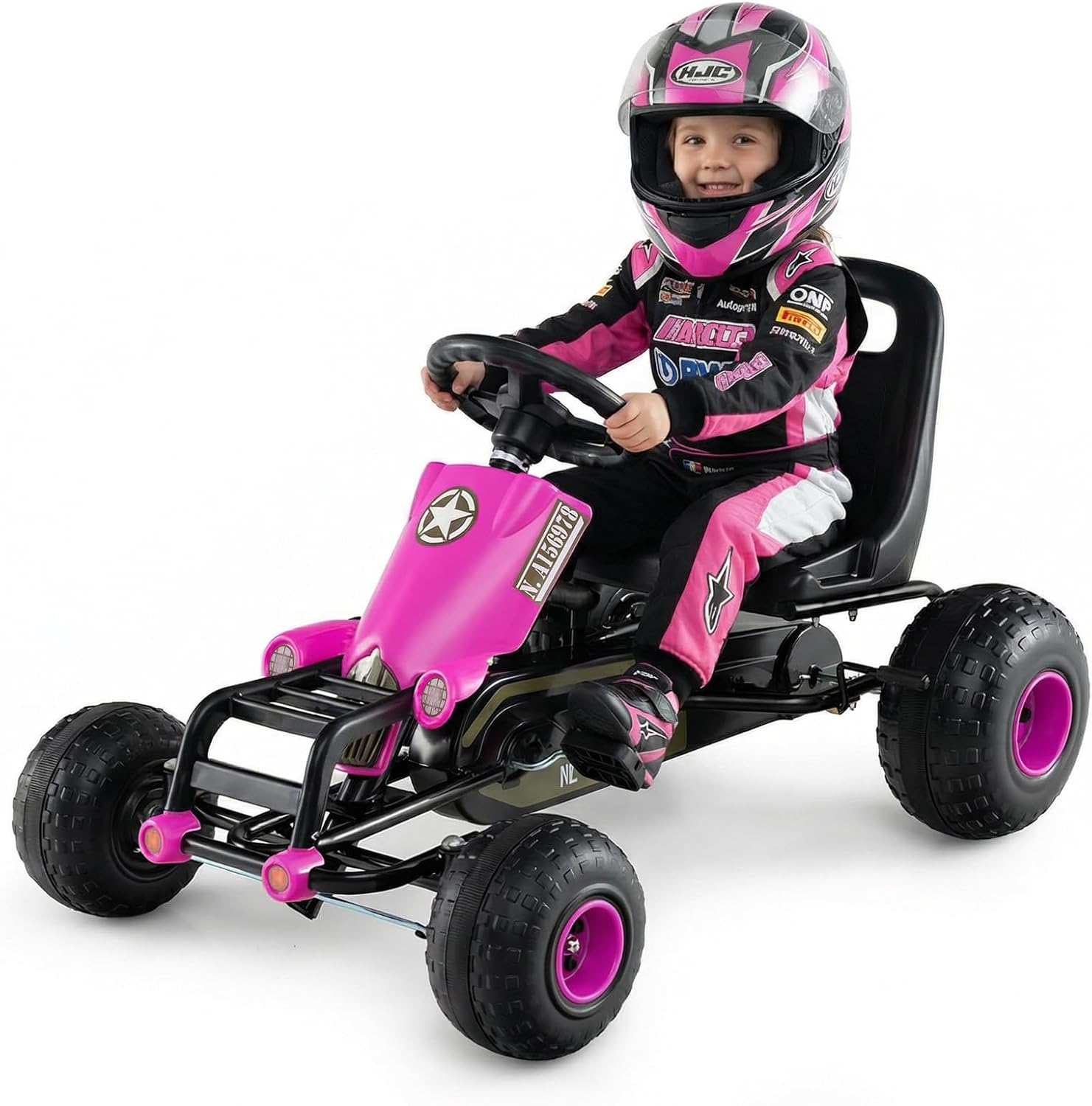 HONEY JOY Pedal Go Kart, 4 Wheeler Toddler Ride On Pedal Car Toy, Forward/Backward, Ergonomic Seat, Handbrake, Steering Wheel, Outdoor Off-Road Racing Go Cart for Kids Boys Girls Gift (Pink)