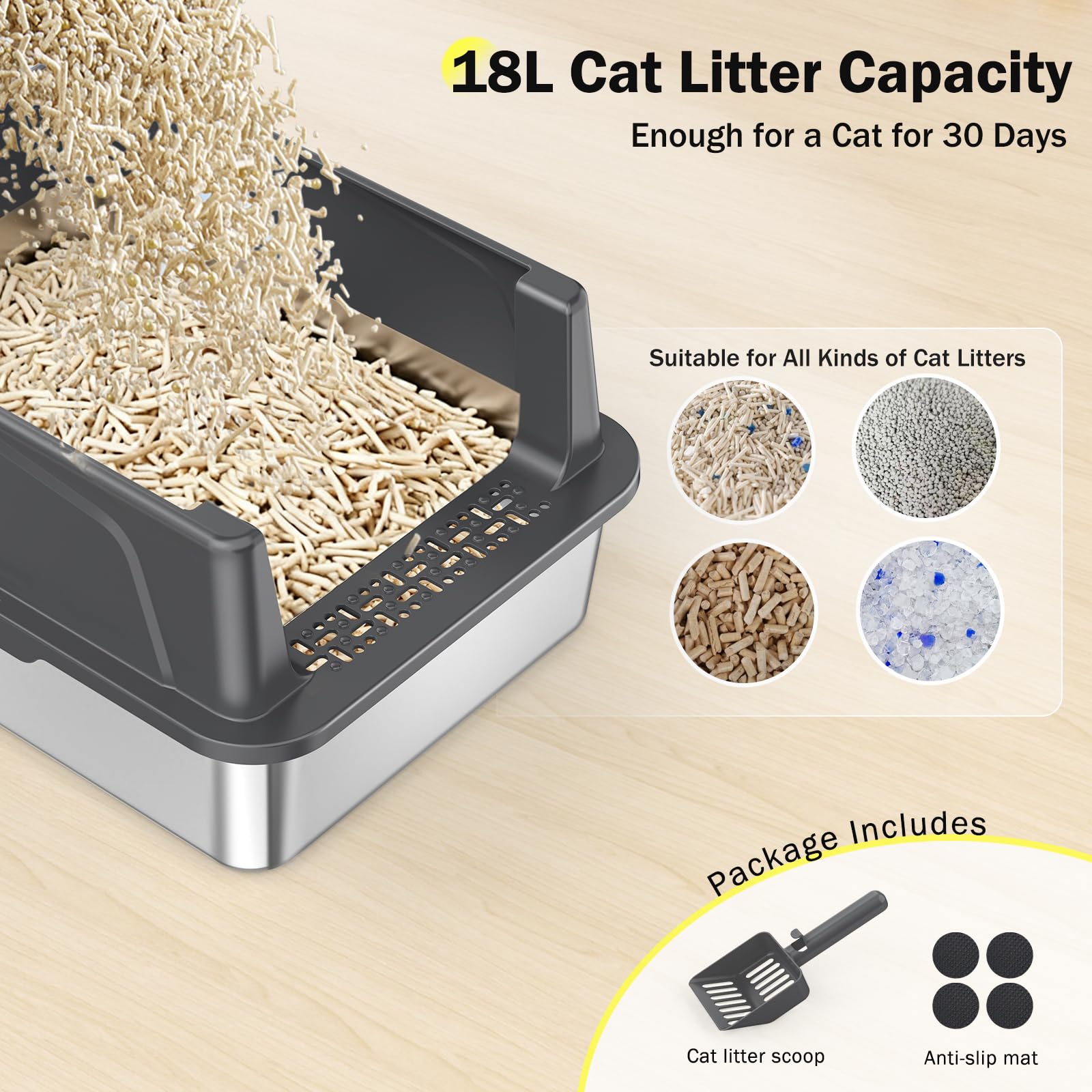 Stainless Steel Cat Litter Box with Lid, High-Sided Metal Litter Pan for Small Cats, Kitty Litter Box, Non-Stick & Odor-Resistant, Anti-Urine Leakage, Easy to Clean, Scoop Included - image 6