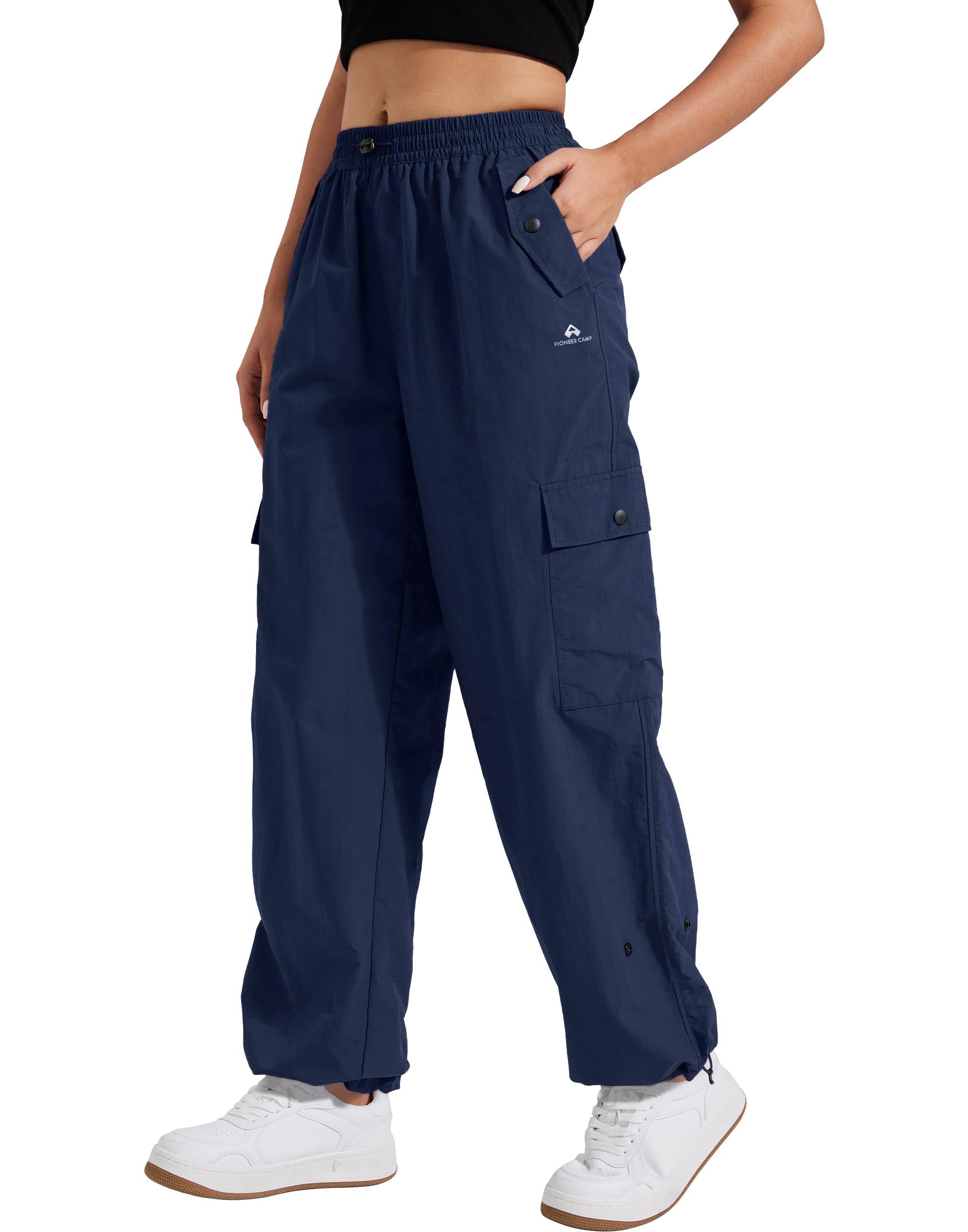 Pioneer Camp Womens Parachute Cargo Pants with Pockets Baggy High Waisted Quick Dry Hiking Pants Lightweight Wide Leg Navy Small