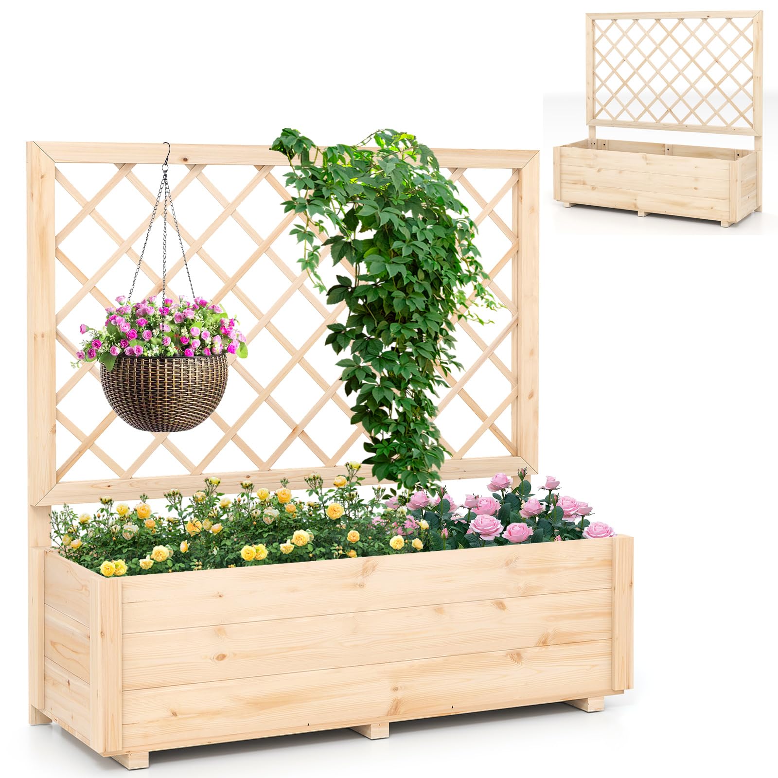 HOMASIS Blumenkasten Mit Rankgitter & Dach 180cm - Hochbeet Holz Natur