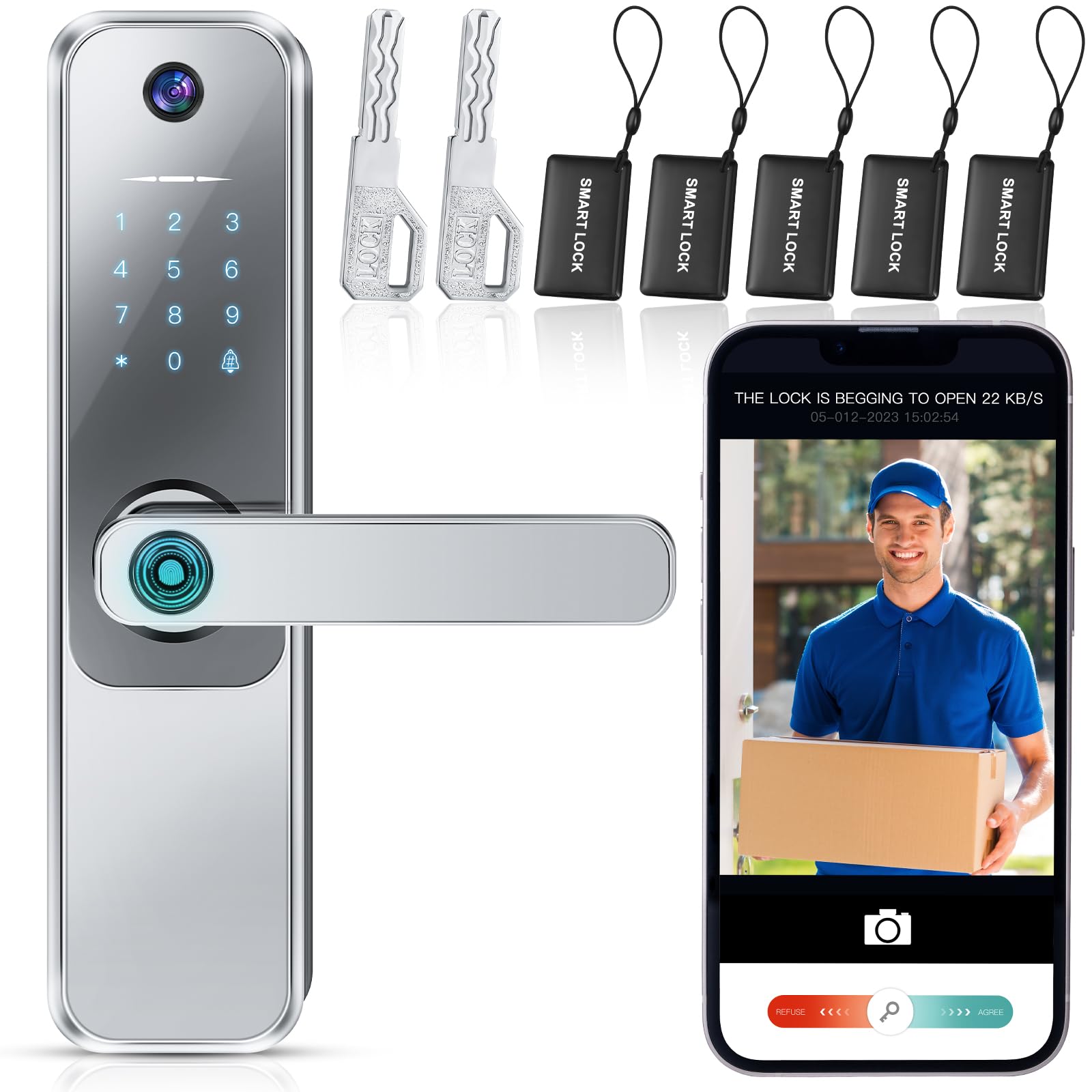 Geiserailie Smart Fingerprint Door Lock with Camera Door Handle 3 in 1 Camera Doorbell Fingerprint Lock Keyless Entry Door Lock Video Keypad Lock, APP Control, No Monthly Fee (Silver)