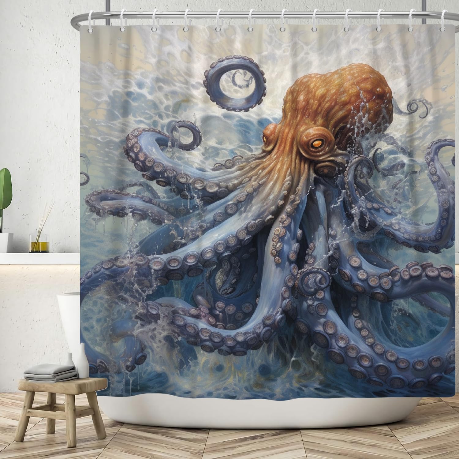 ASDCXZ Shower Curtain 90x180 cm, Hand Painted Benthic Organisms Octopus Washable Bath Shower Curtains Polyester Textile Waterproof Shower Curtain for Bathtub with 6 Hooks โ image 1