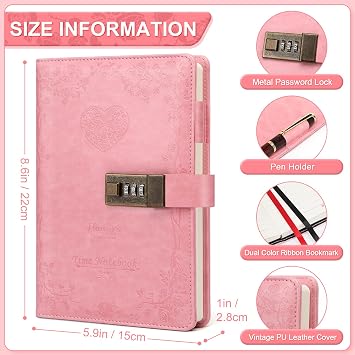 Toplive Diary with Lock, A5 Locking Vintage PU Leather Journal Notebook for Women Men Journal with Lock, Refillable Girls Password Diary with Retro Rose Pattern, Pink