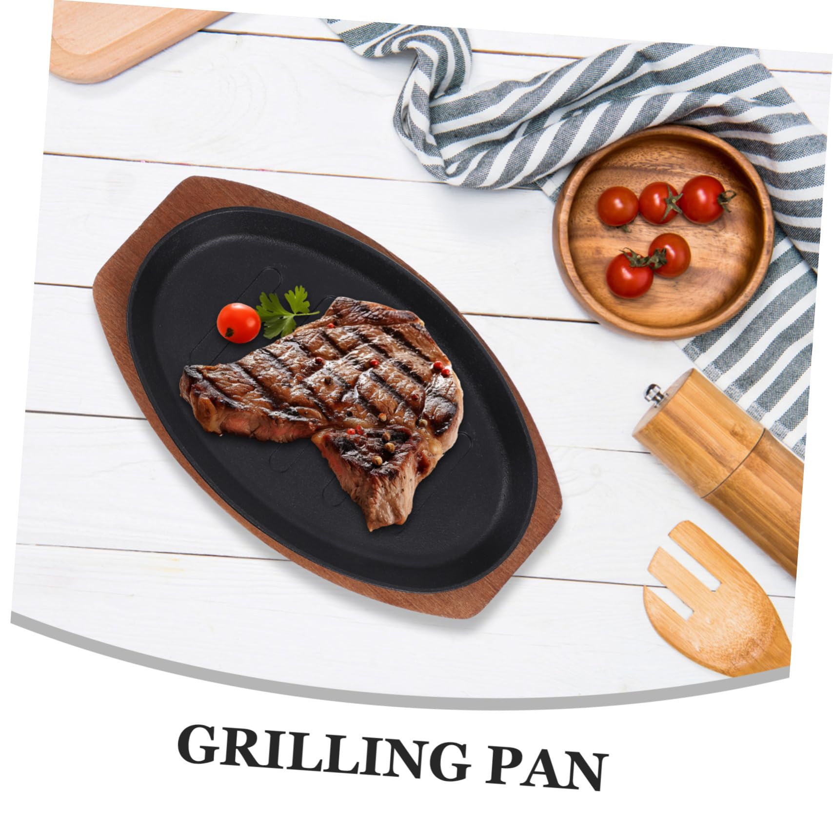 Plancha de Hierro Fundido para Bistec con Base de Madera Superficie Lisa y Fácil de Limpiar Adecuado para Freír Papas y Asar Carnes en Casa