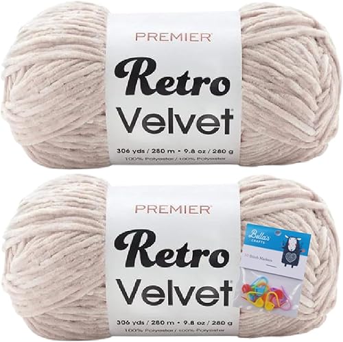 Premier Yarns - Ovillo de terciopelo retro, bola grande, 9.8 onzas, paquete de 2 unidades con marcadores de puntada Bella's Crafts (almendra)