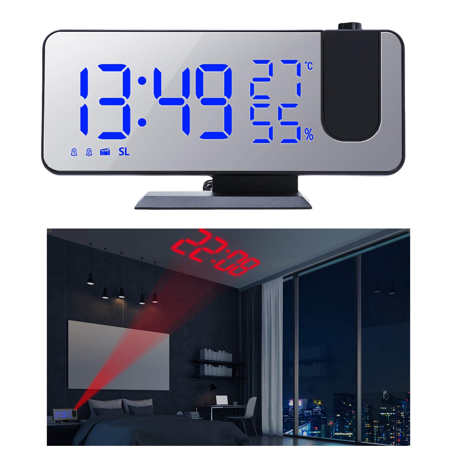 rockible Reloj Despertador Digital Proyector de Pared con Pantalla LED de 7.3pulgadas Incorporado Control de Volumen y Digital