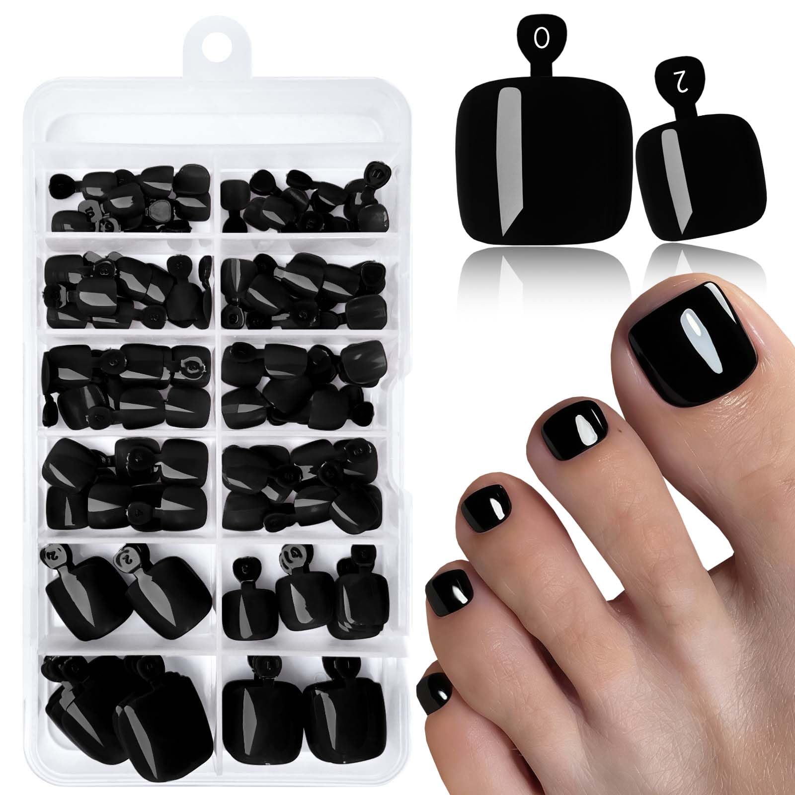 LoveOurHome 120pc Black Press on Toenails Women Fake Toe Nails with Glue Tabs, Black Fake Toenails Press on Toe Nails Glue on Toenail Acrylic Toes