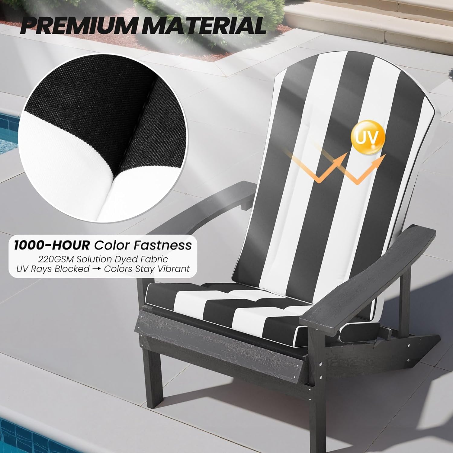 Crestlive Products 50x20 Inch Adirondack Chair Cushions Set of 2 Outdoor Rocking Chair Cushions Waterproof Fade Resistant High Back Patio Replacement Cushions, Black Stripe