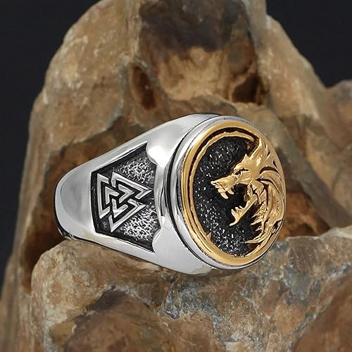 Miniatura 2 de Fantasy Forge Jewelry Norse Fenrir - Anillo de sello para hombre, acero inoxidable, oro y lobo vikingo valknut tallas 7-13