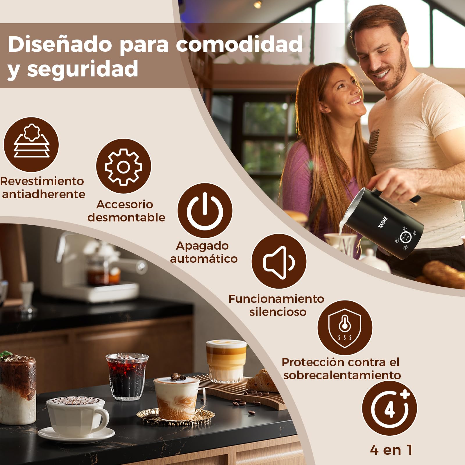 YASHE 4 en 1 Espumador y Calentador de Leche Eléctrico 500W, 300ml para Espuma Caliente/Fría, Ideal para Café, Capuchino, Latte, Macchiato, Silencioso, Revestimiento Antiadherente, Fácil Limpieza