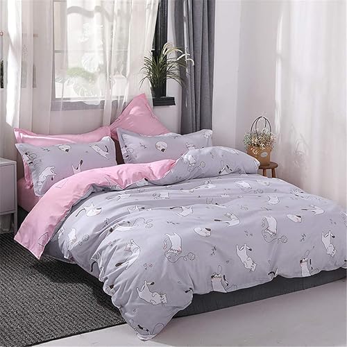 Omelas - Juego de funda de edredón gris para niñas, tamaño individual, diseño de gatos encantadores que juegan con geometría rosa, colección de ropa