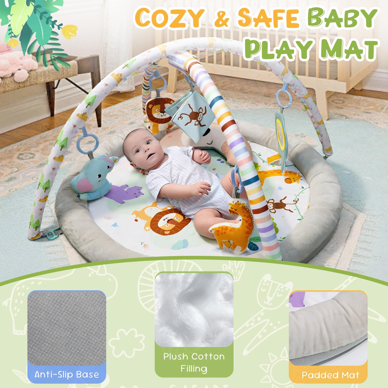 Palestrina Neonato, Tappeto Gioco Attività con 5 Giocattoli Sensoriali e Cuscino Palestrina Neonato Evolutiva per Bambine, Regalo Perfetto Sviluppo Infantile 0-3-6-9-12 Mesi, Bambini Tummy Time