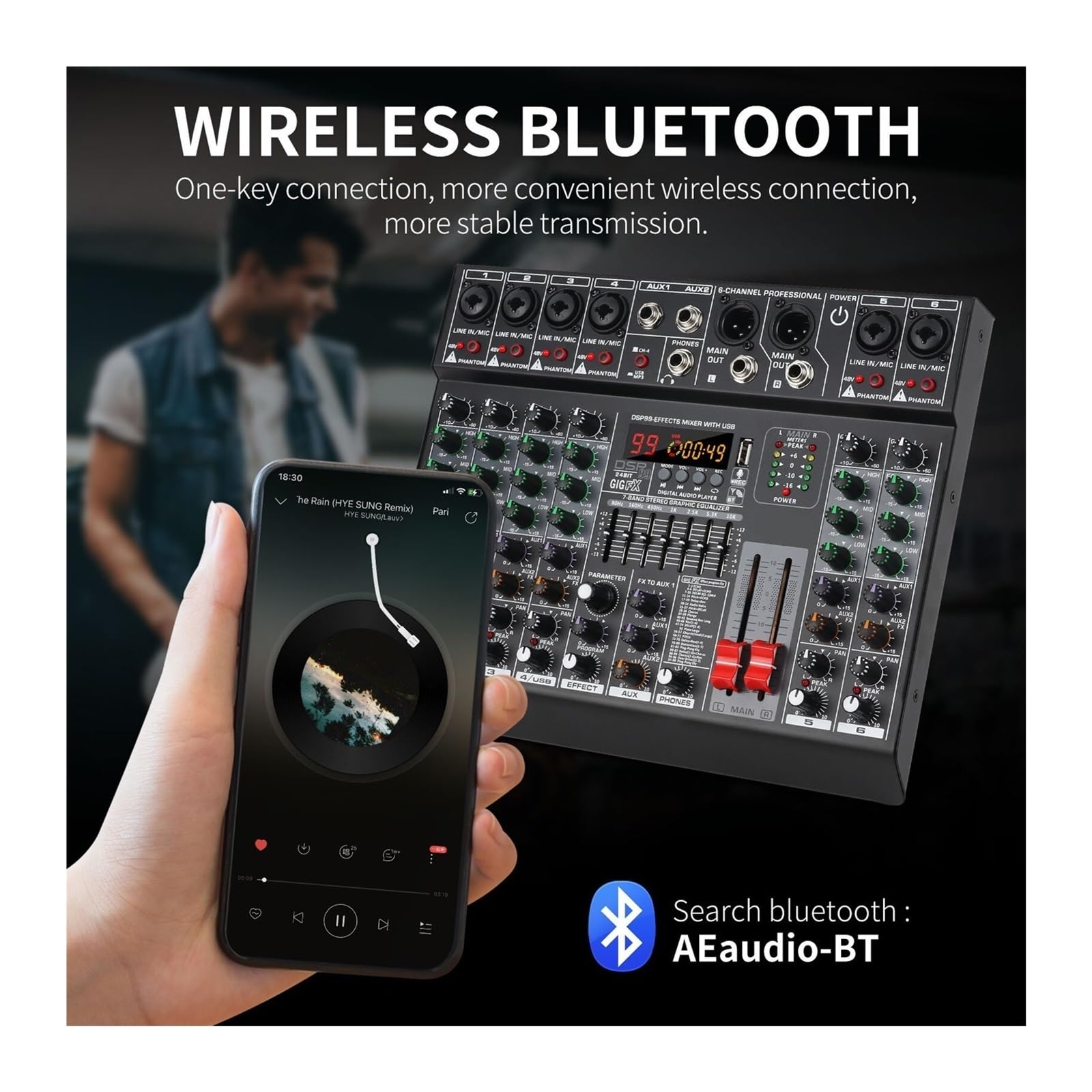 Mezclador de audio, Mezclador de audio profesional 6 canales con 99 efectos DSP, ecualizador 7 bandas, alimentación fantasma 48 V, interfaz USB for grabación