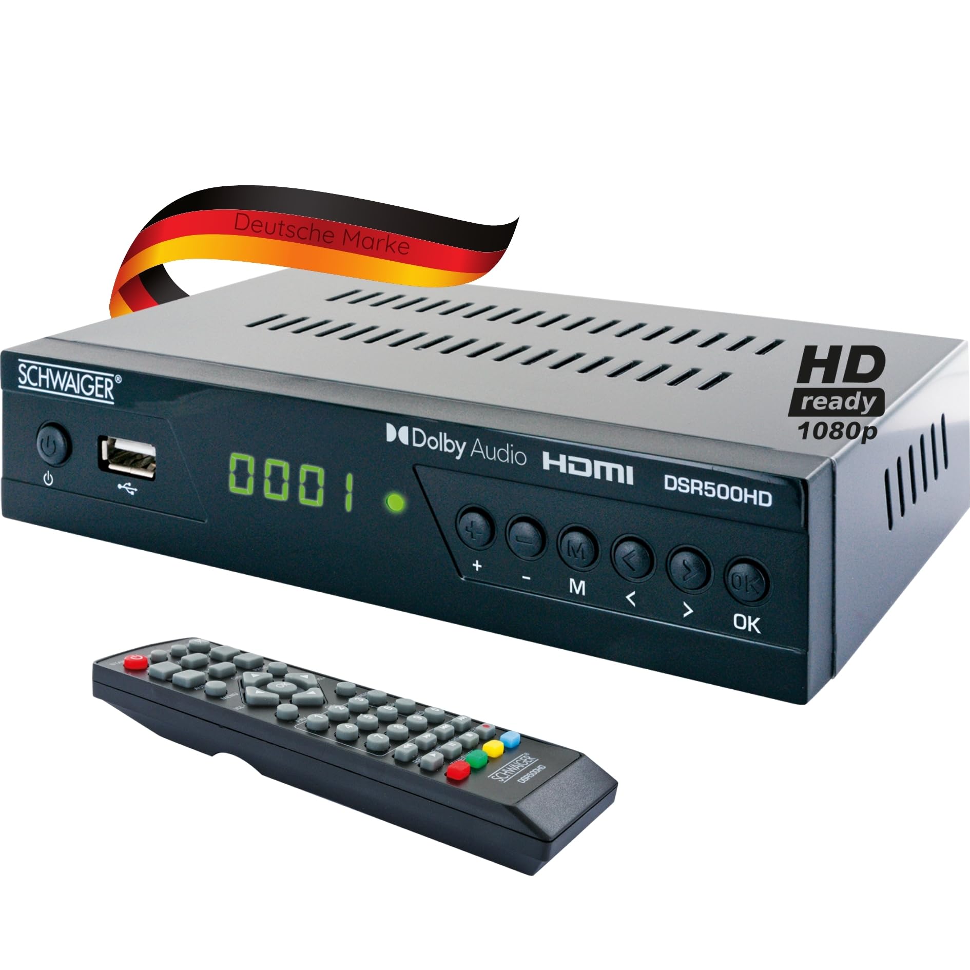 SCHWAIGER DSR500HD SAT-Receiver Full HD Satellitenreceiver vorprogrammierte Senderliste Mediaplayer Timerfunktion mehrsprachiges Bildschirmmenü DVB-S/S2 HDTV HDMI USB Astra Eutelsat