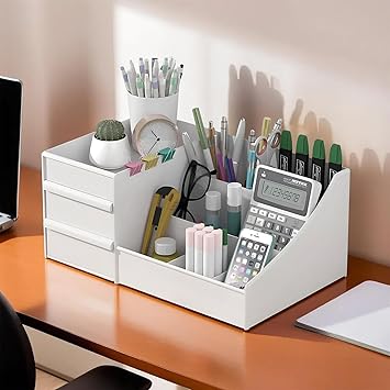 HOLLIO Desk Organiser with Drawer, Multifunctional Desk Organizer, Office Organizer, 7 Compartments with 2 Drawer, Storage Shelf for Office,Stationary Oragnizers for Desk School (WHITE) - image, photos