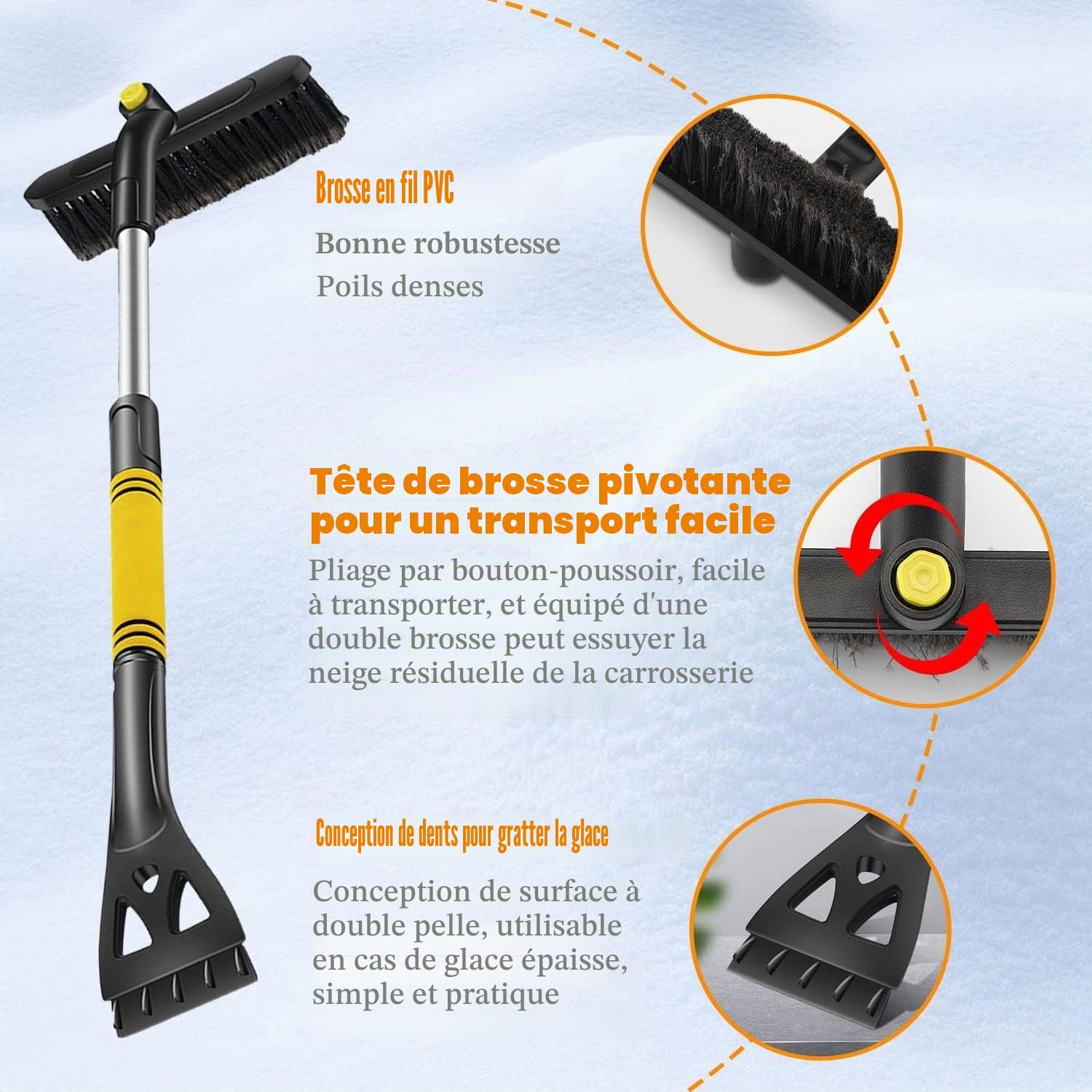 Dégivreur de voiture,brosse à neige et grattoir à glace,3 en 1 Brosse À Neige Détachable pour Voiture Multifonctionnelle, avec poignée Ergonomique en Mousse, pour voitures, camions et SUV, Jaune